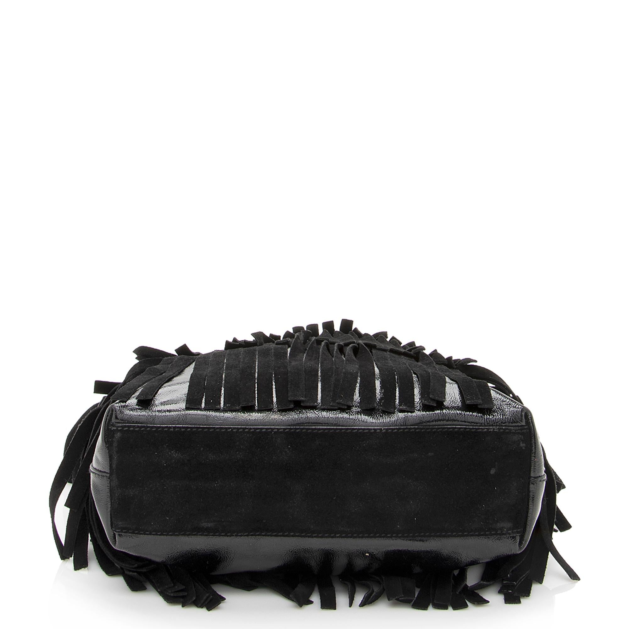 Saint Laurent Patent Leather Suede Fringe Tote (SHF-22368)