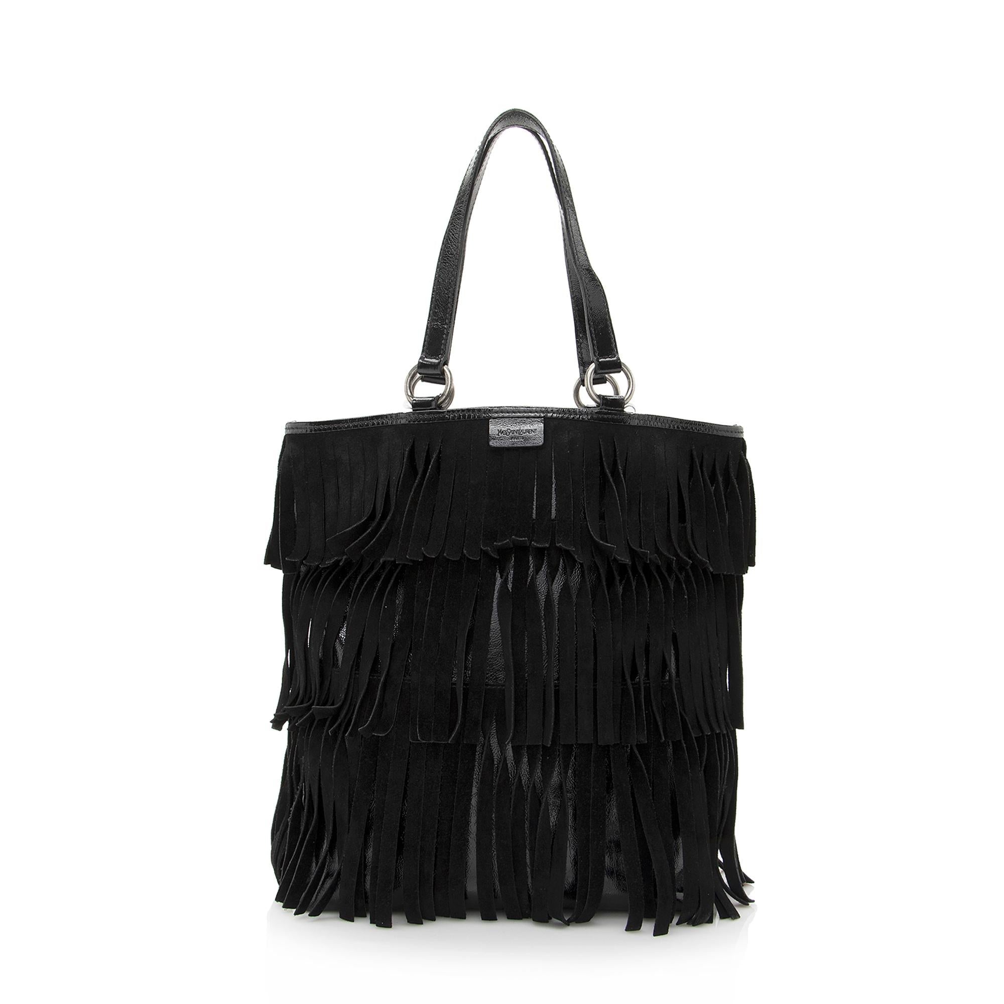 Saint Laurent Patent Leather Suede Fringe Tote (SHF-22368)