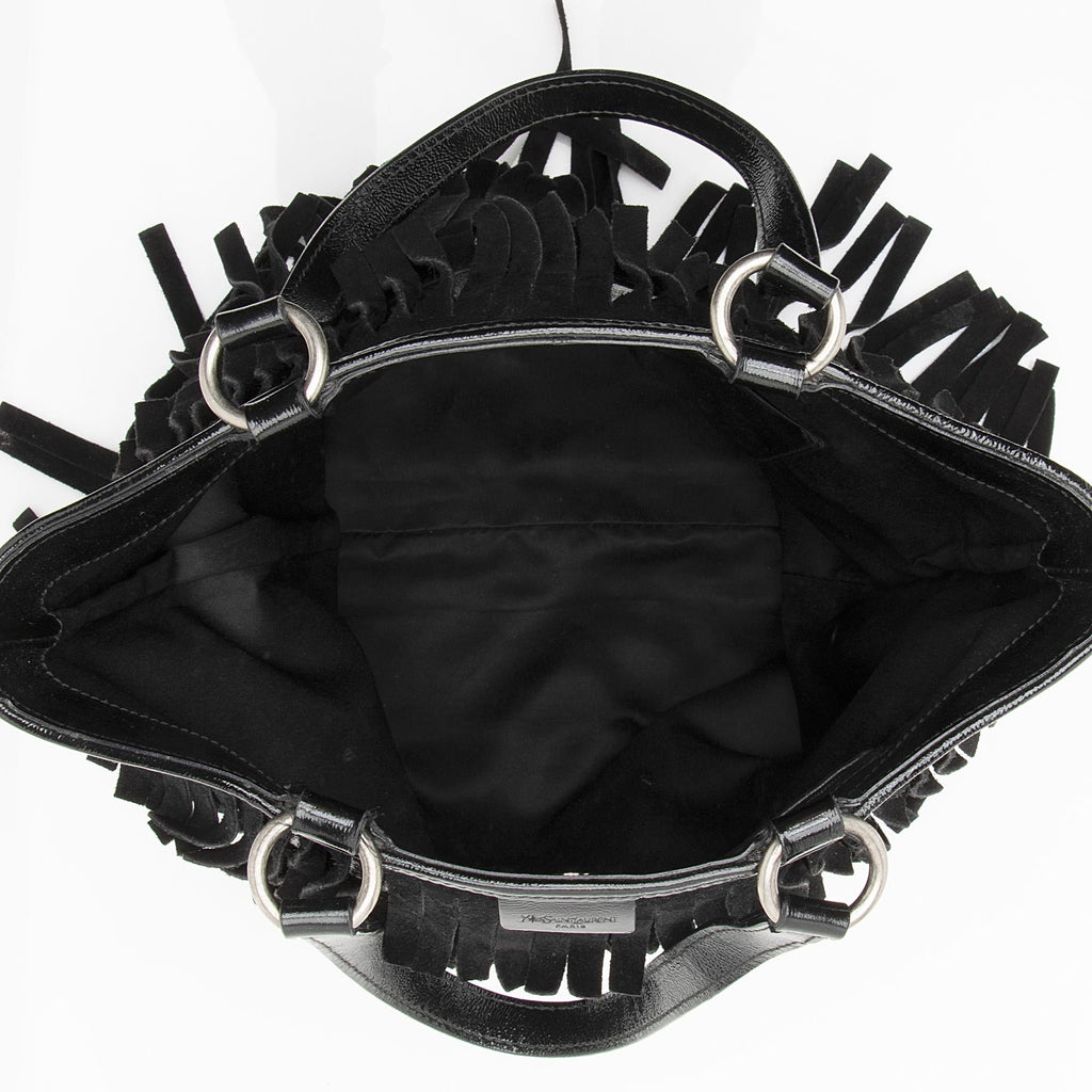 Saint Laurent Patent Leather Suede Fringe Tote (SHF-22368)