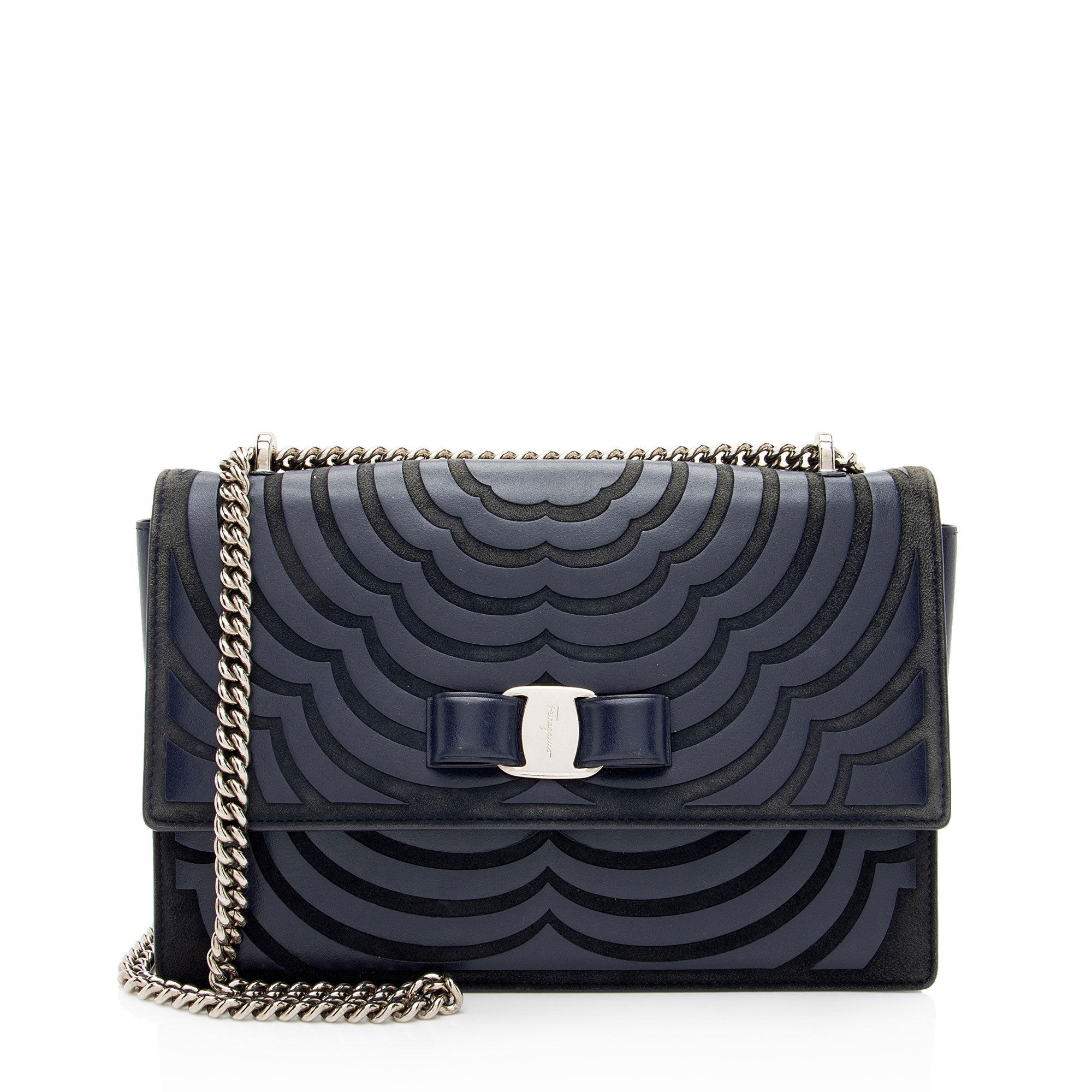 Ferragamo Calfskin Suede Vara Bow Chain Flap Bag