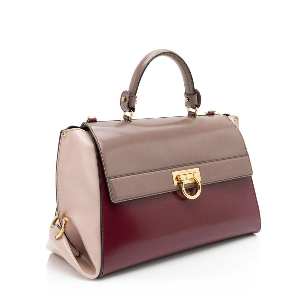 Salvatore Ferragamo Patent Leather Tricolor Gancini Sofia Medium Satchel (SHF-TxFQvD)