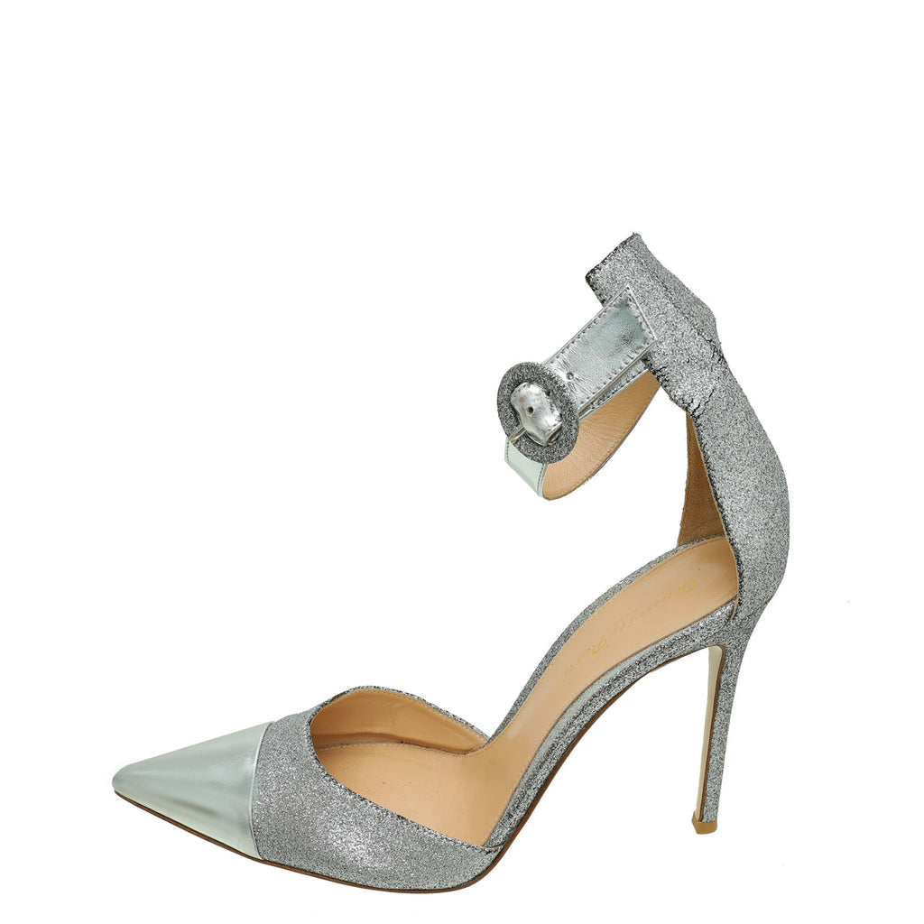 Gianvito Rossi Metallic Silver Glitter Ankle Strap Pump 40
