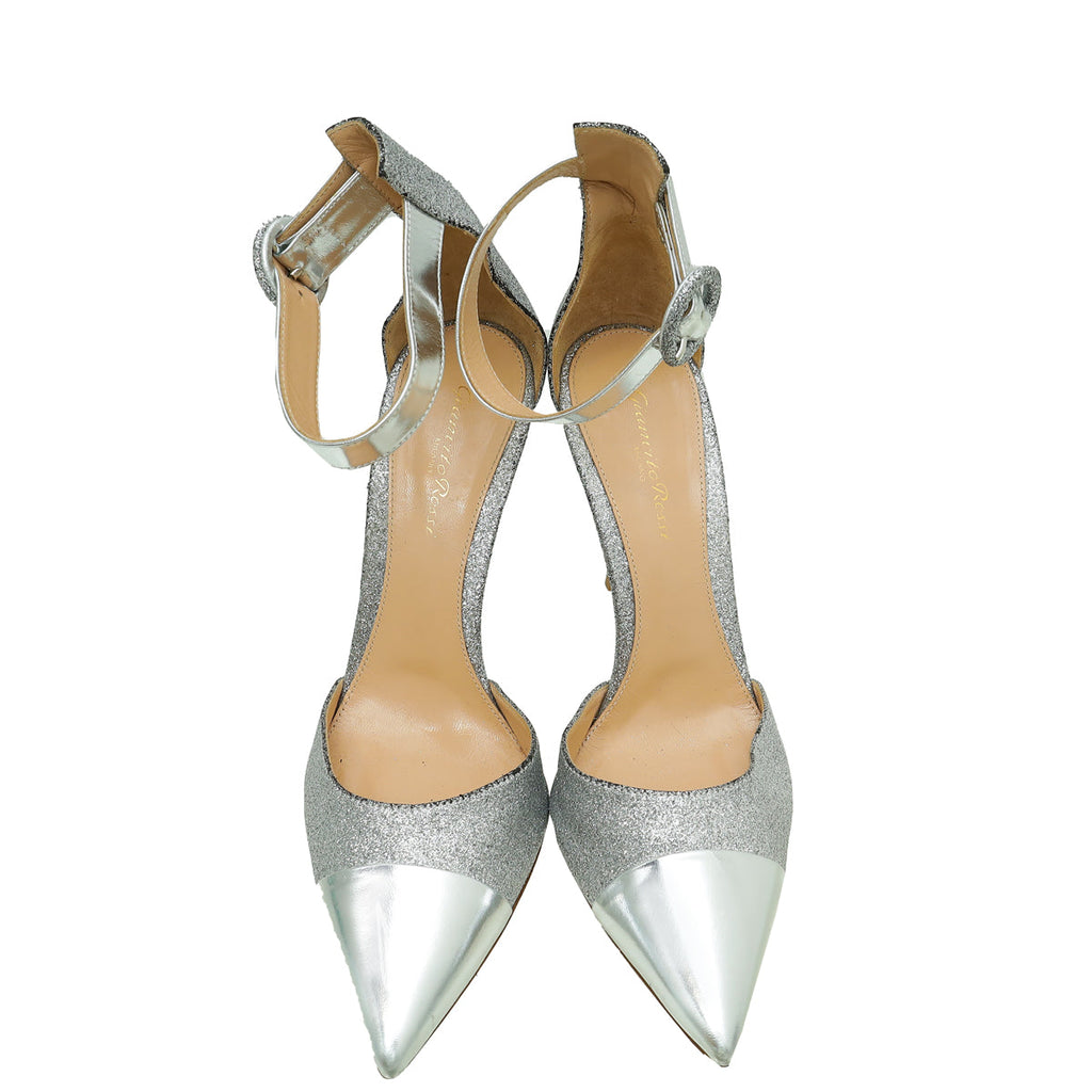 Gianvito Rossi Metallic Silver Glitter Ankle Strap Pump 40