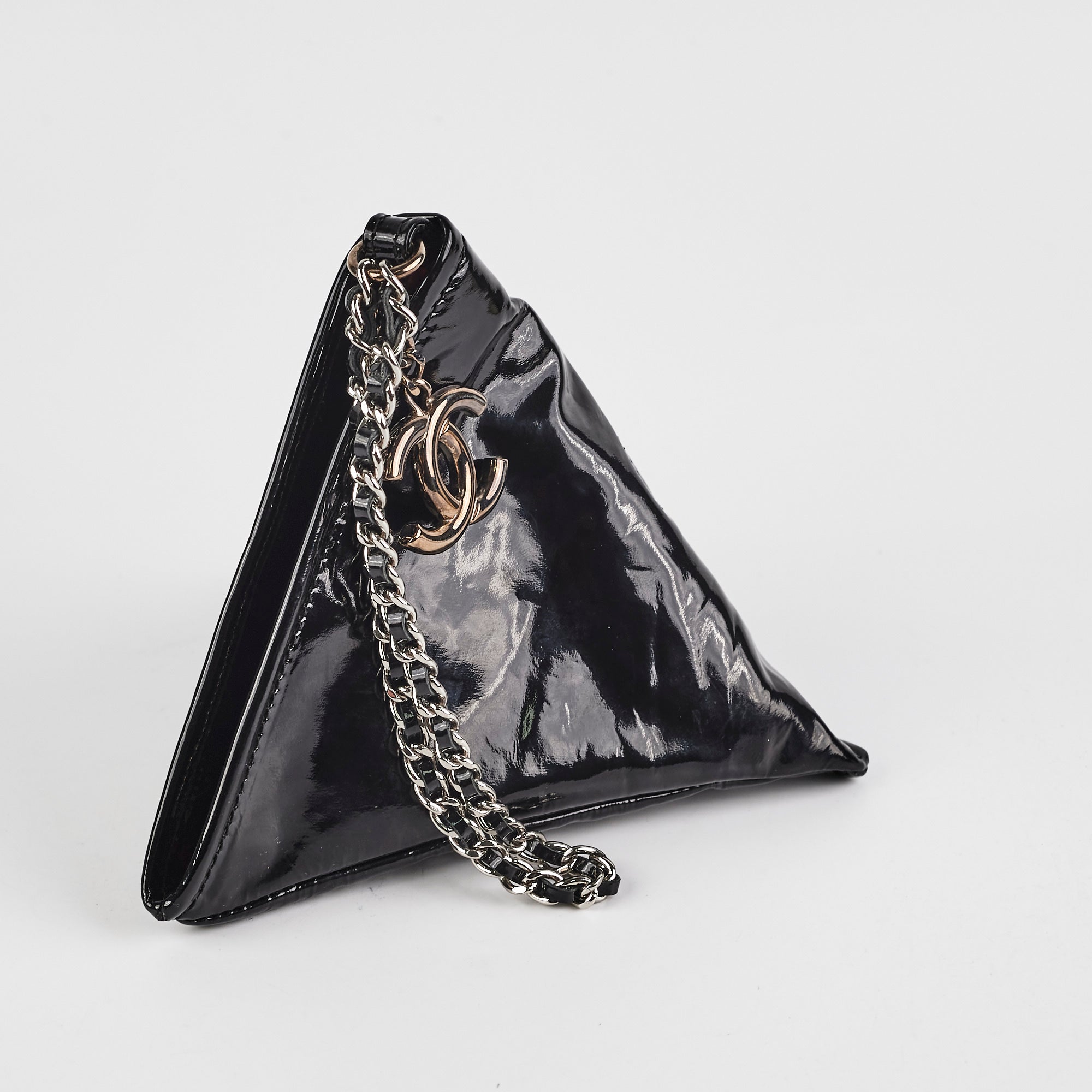 Chanel Triangle Patent Black Wristlet Pouch