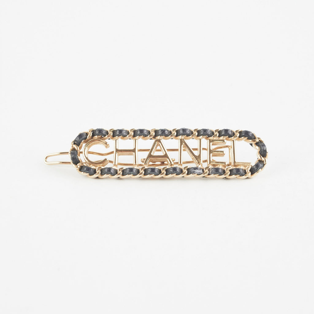 Chanel Metal & Lambskin Hair Clip Black