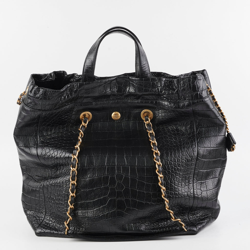 Chanel Black Croc Embossed Shopping Tote
