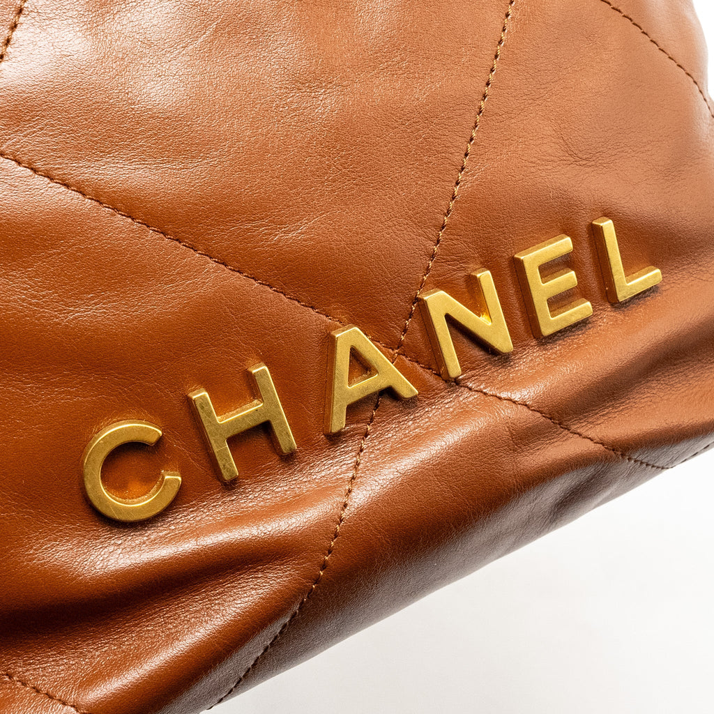 Chanel Mini 22 Bag Shiny Calfskin Dark Beige  (microchip)