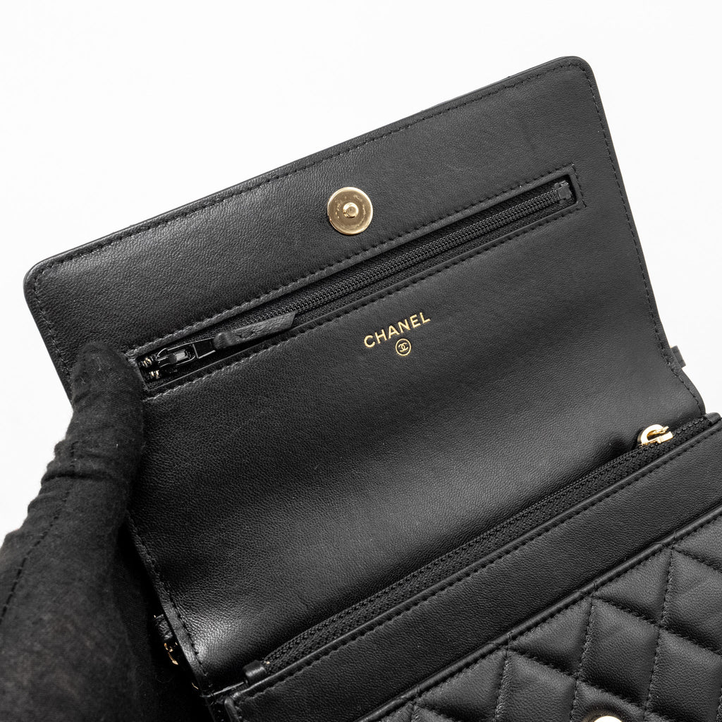 Chanel Wallet On Chain with Pearl Chain Lambskin Black L (Microchip)