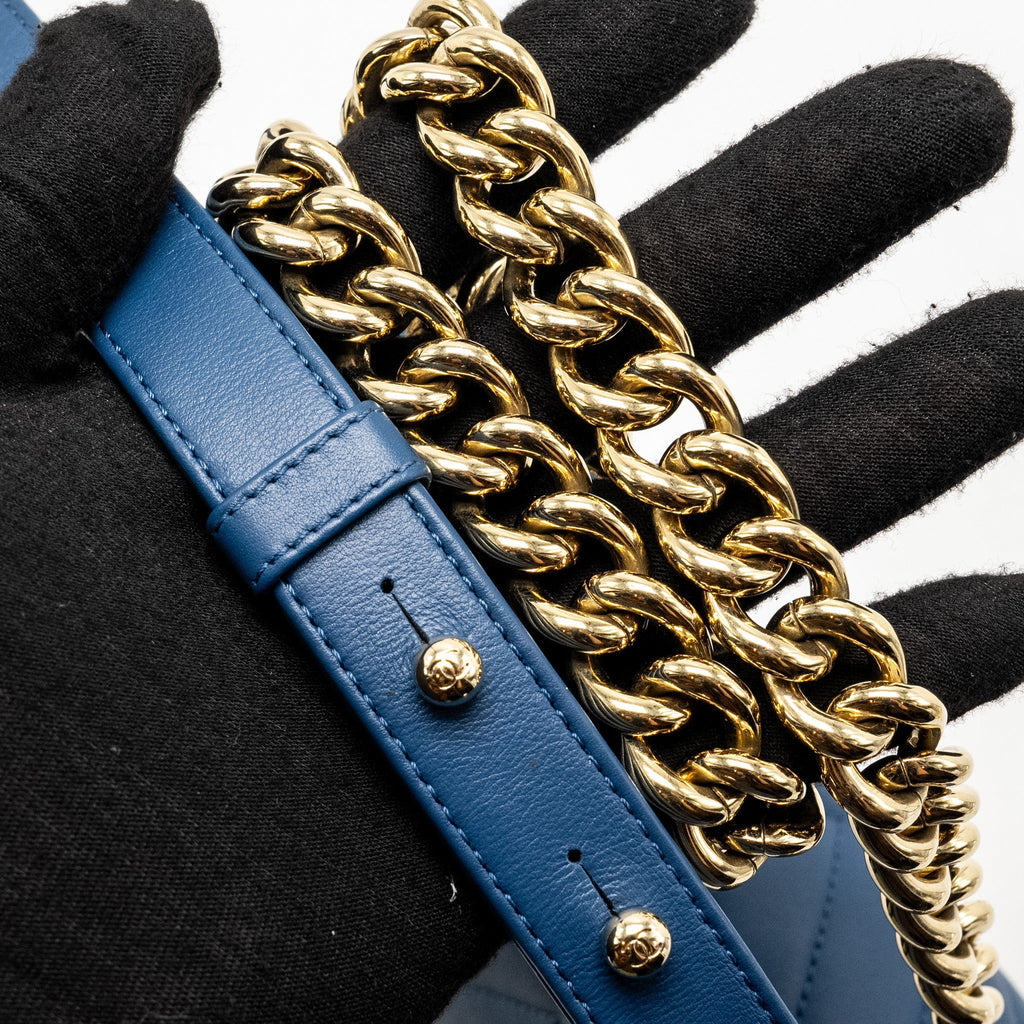 Chanel Medium Chevron Boy Bag Calfskin Blue