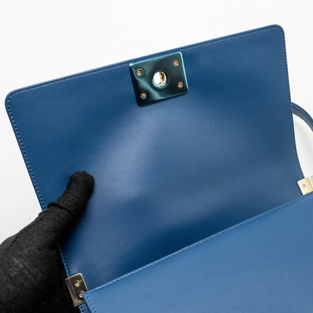 Chanel Medium Chevron Boy Bag Calfskin Blue