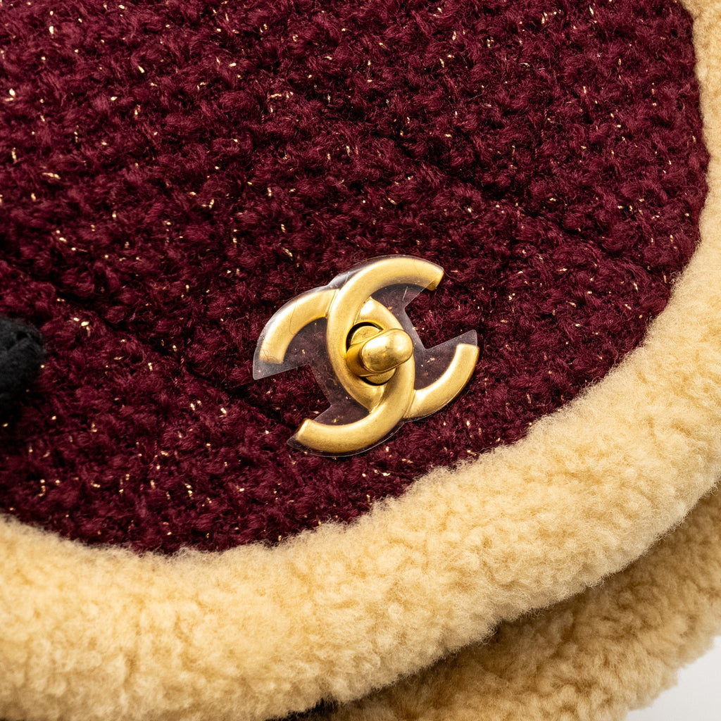 Chanel 22K Mini Messenger Flap Bag Shearling/Tweed Burgundy/Beige  (Microchip)