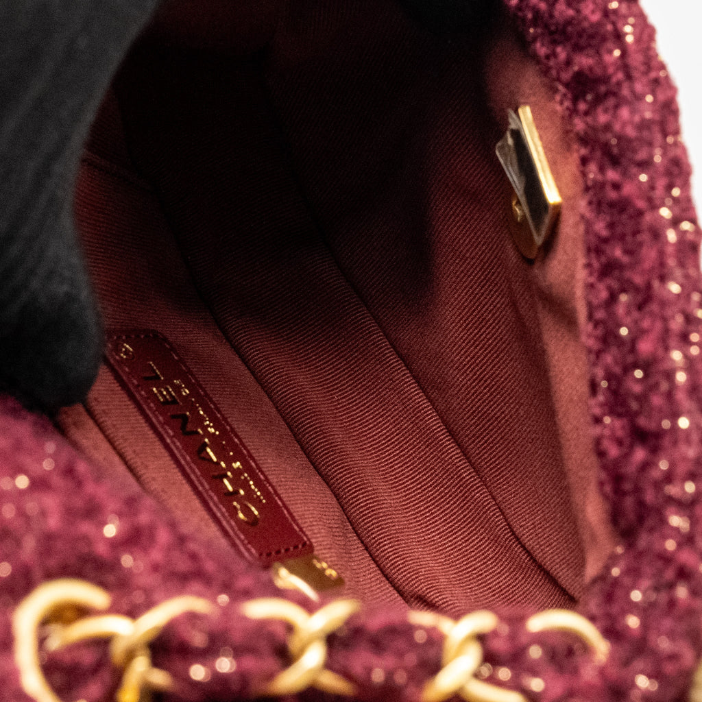 Chanel 22K Mini Messenger Flap Bag Shearling/Tweed Burgundy/Beige  (Microchip)
