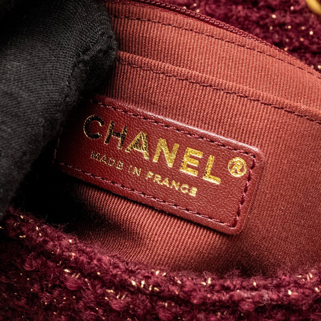 Chanel 22K Mini Messenger Flap Bag Shearling/Tweed Burgundy/Beige  (Microchip)