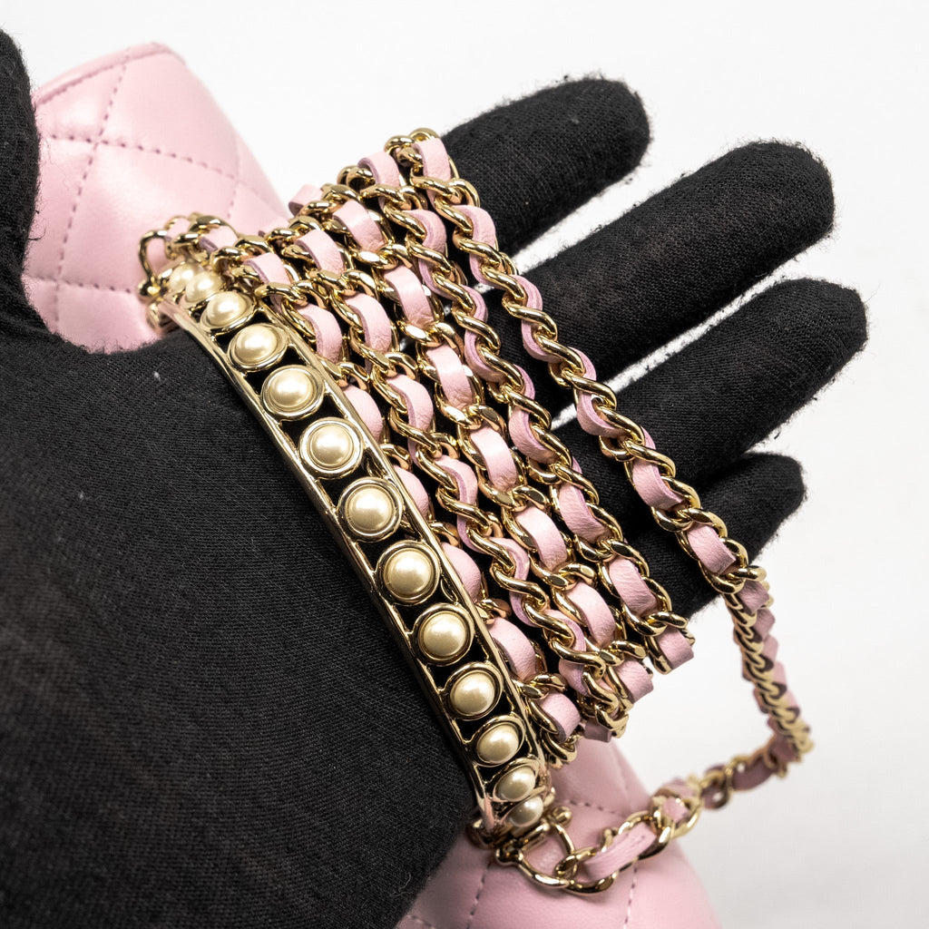 Chanel Pearl Detailed Top Handel Wallet On Chain Lambskin Pink L (Microchip)