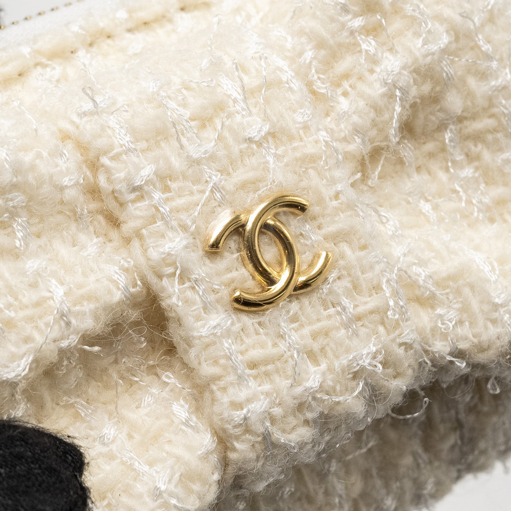 Chanel Mini Bow Card Holder With Chain Tweed White L (Microchip)