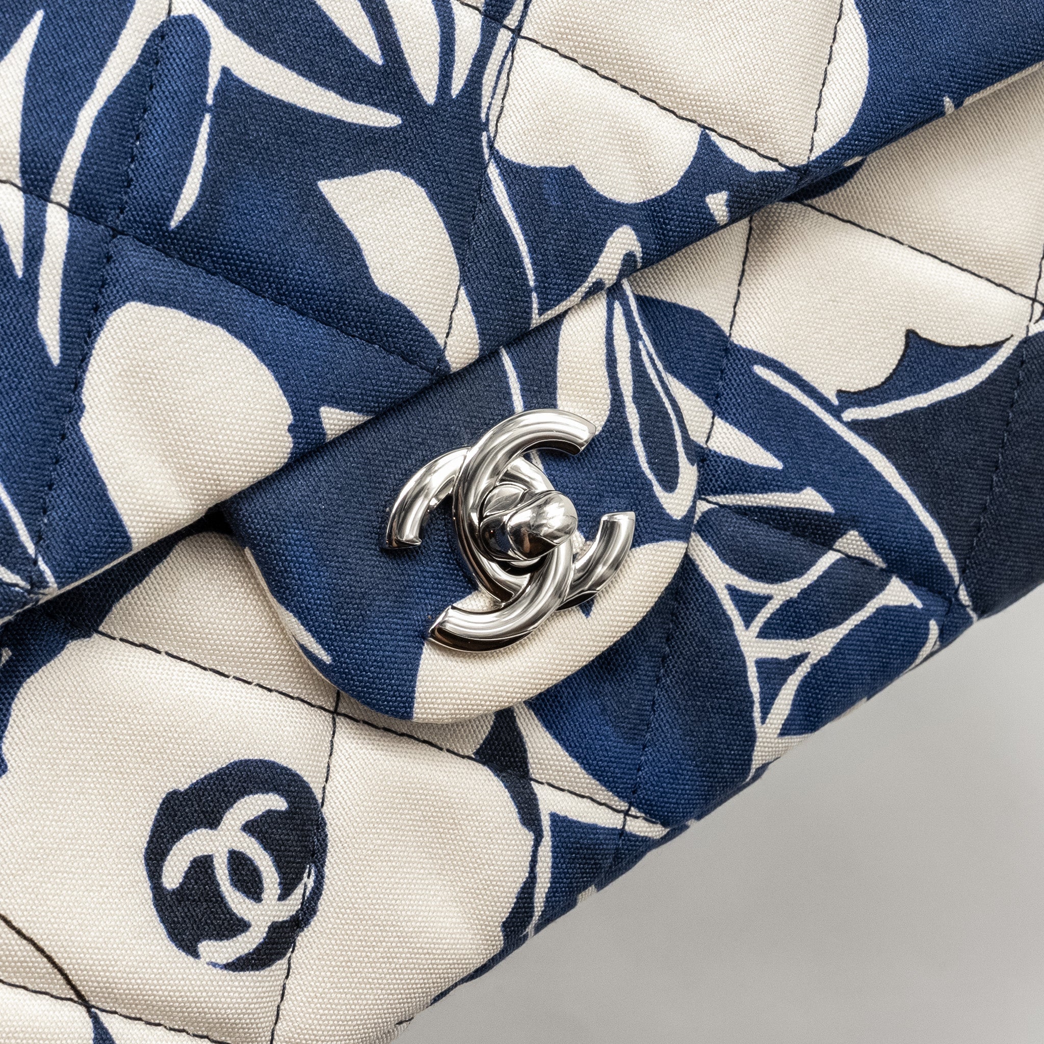 Chanel Medium Limited Edition Flora Printed Classic Flap Bag Silk Blue/WHITE  (Microchip)