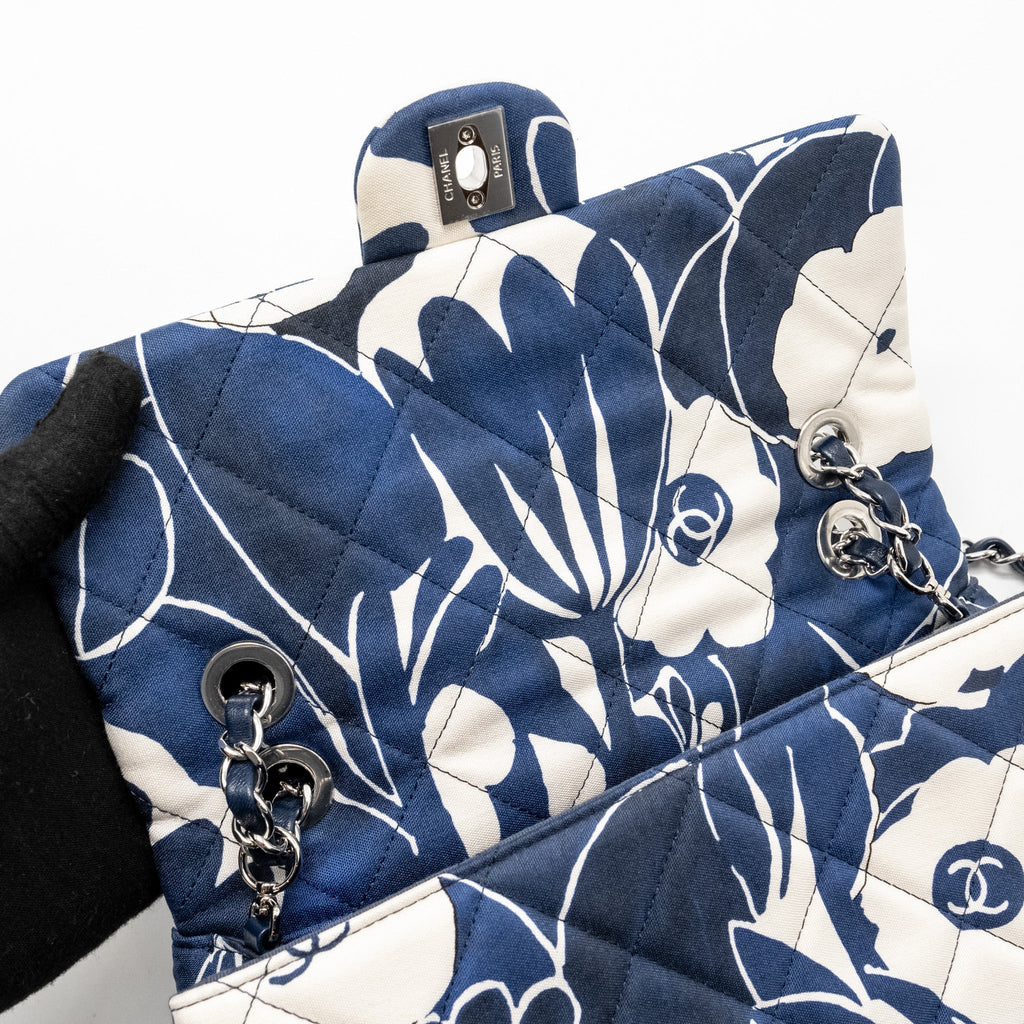 Chanel Medium Limited Edition Flora Printed Classic Flap Bag Silk Blue/WHITE  (Microchip)