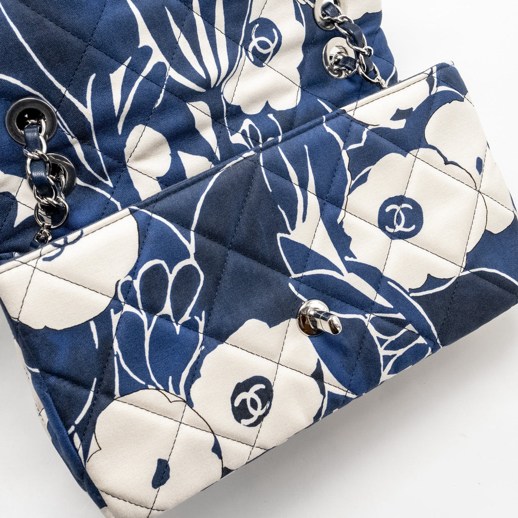 Chanel Medium Limited Edition Flora Printed Classic Flap Bag Silk Blue/WHITE  (Microchip)