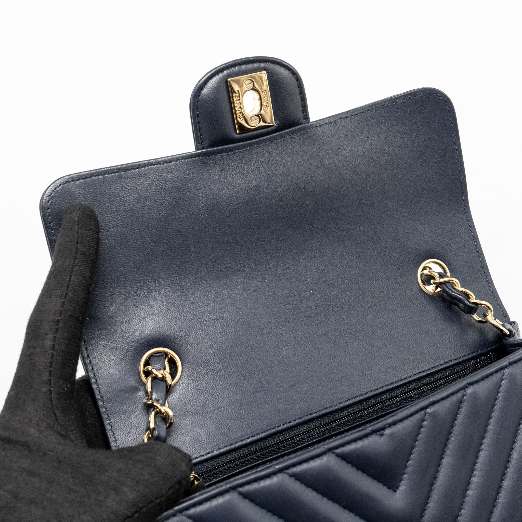 Chanel Mini Rectangular Flap Bag Chevron Lambskin Navy L