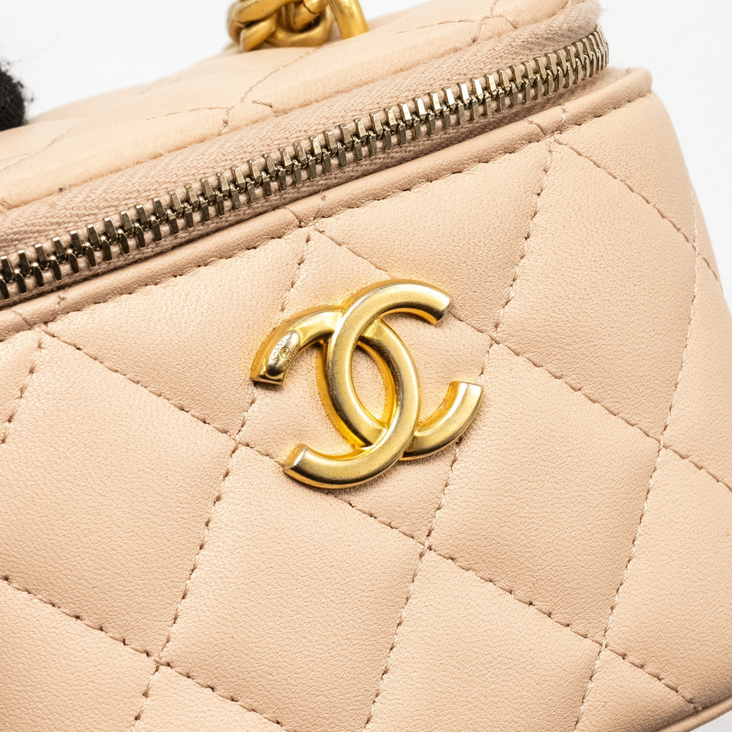 Chanel Mini Vanity Case With Camellia Adjustable Chain Lambskin Beige  (Microchip)