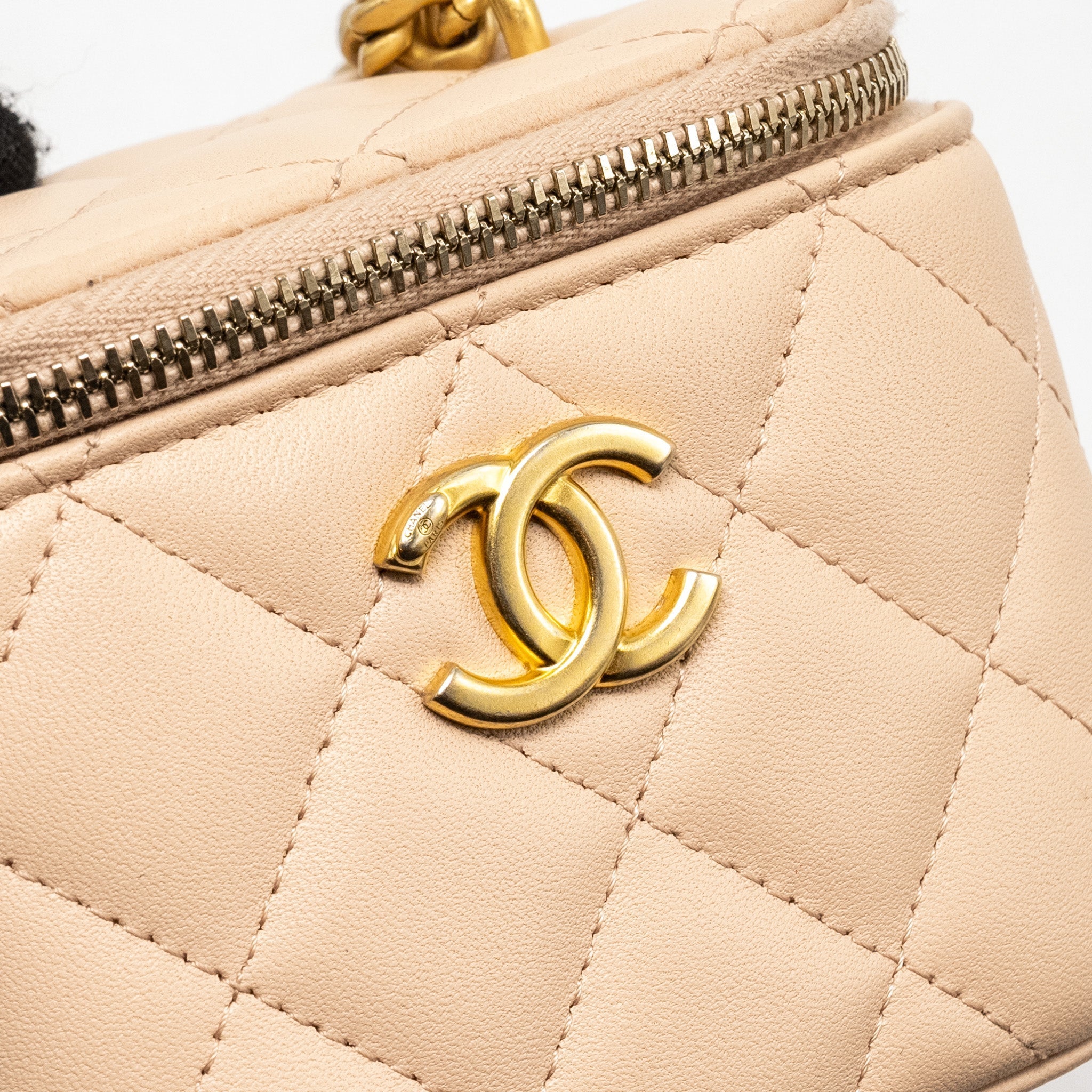Chanel Mini Vanity Case With Camellia Adjustable Chain Lambskin Beige  (Microchip)