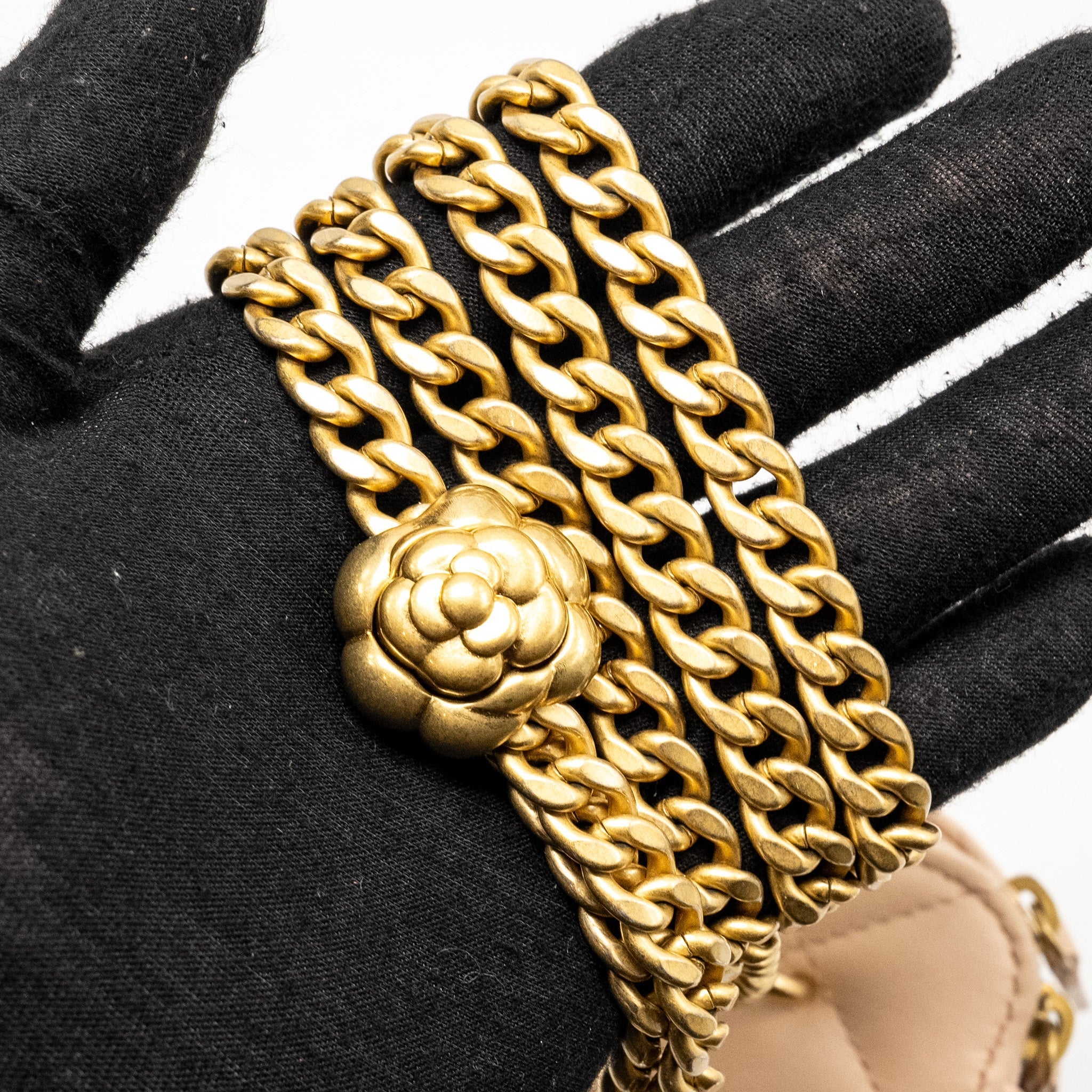 Chanel Mini Vanity Case With Camellia Adjustable Chain Lambskin Beige  (Microchip)