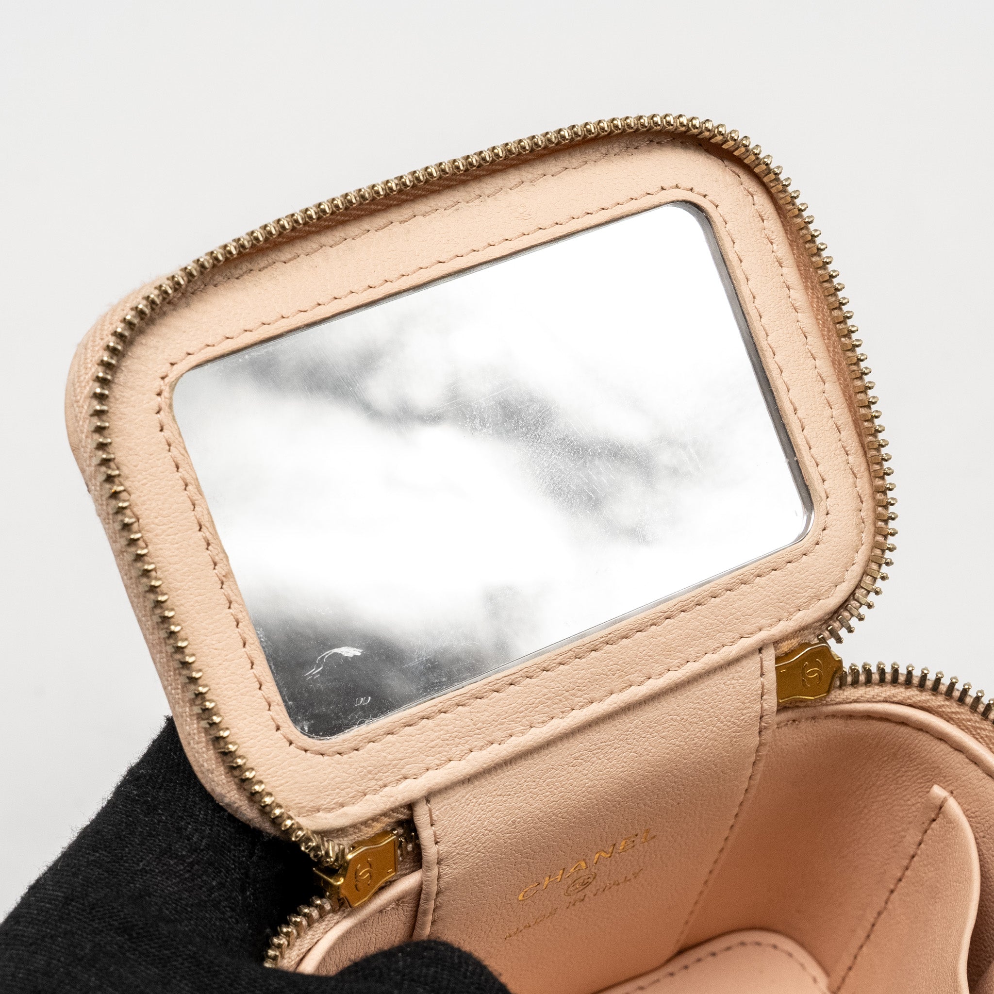 Chanel Mini Vanity Case With Camellia Adjustable Chain Lambskin Beige  (Microchip)