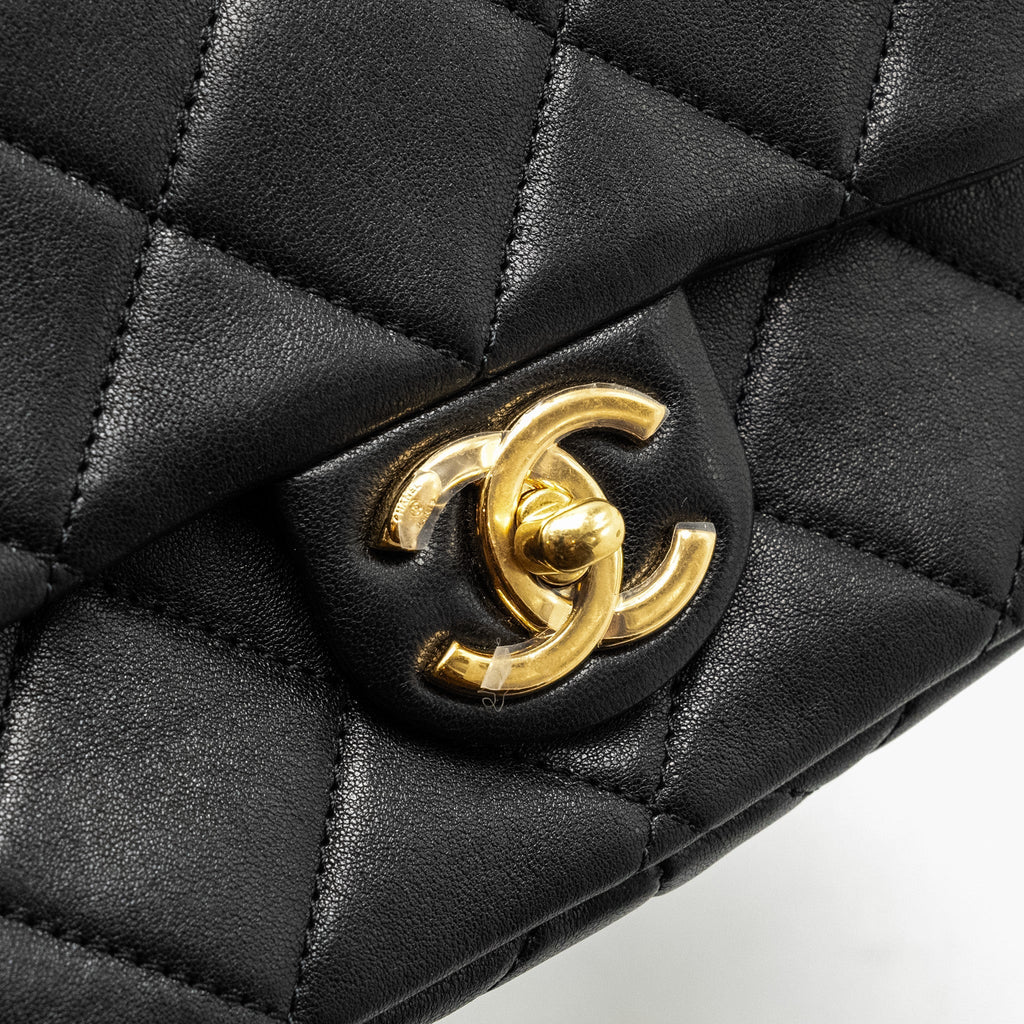 Chanel 23c Round Handle Mini Square Flap Bag Lambskin Black  (microchip)