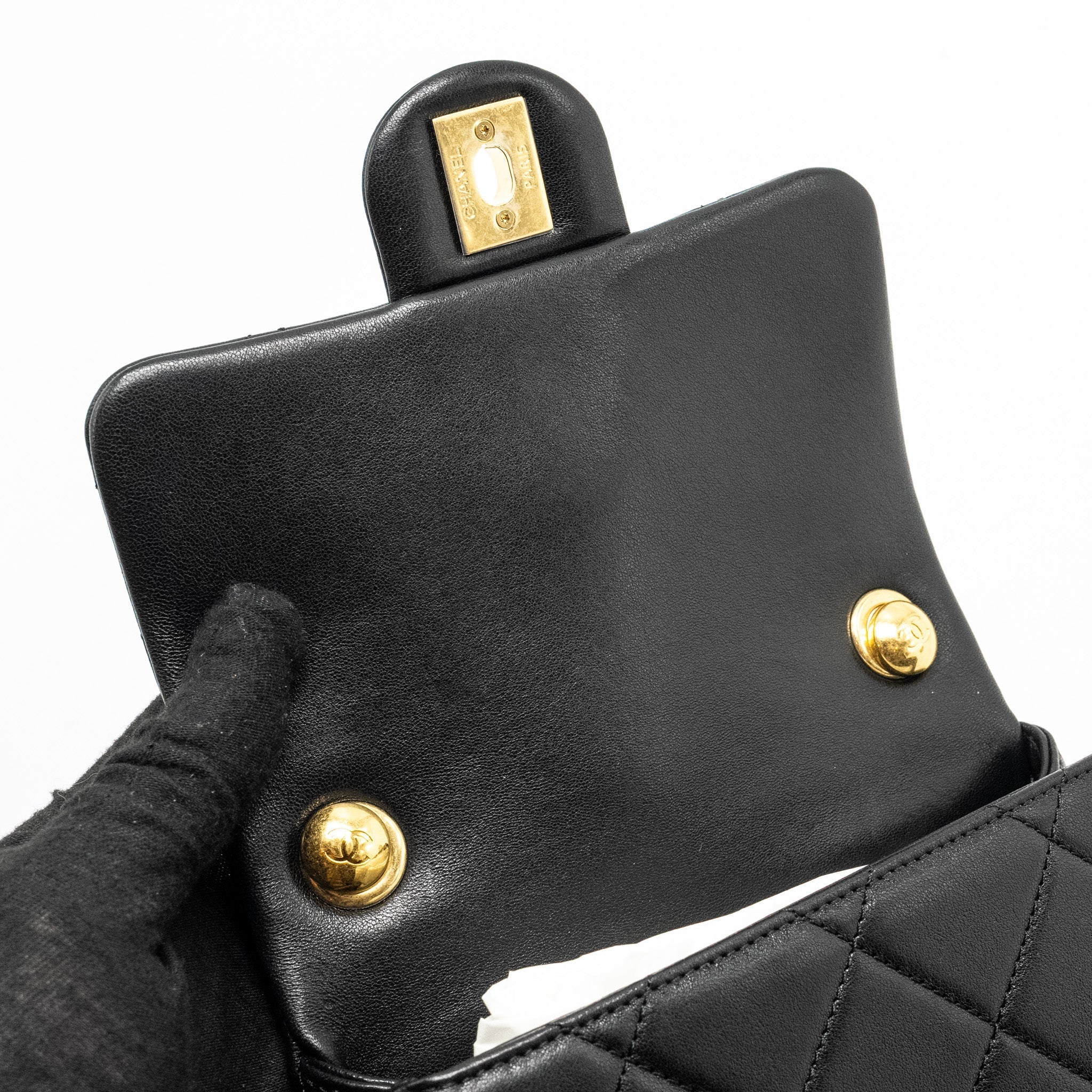Chanel 23c Round Handle Mini Square Flap Bag Lambskin Black  (microchip)