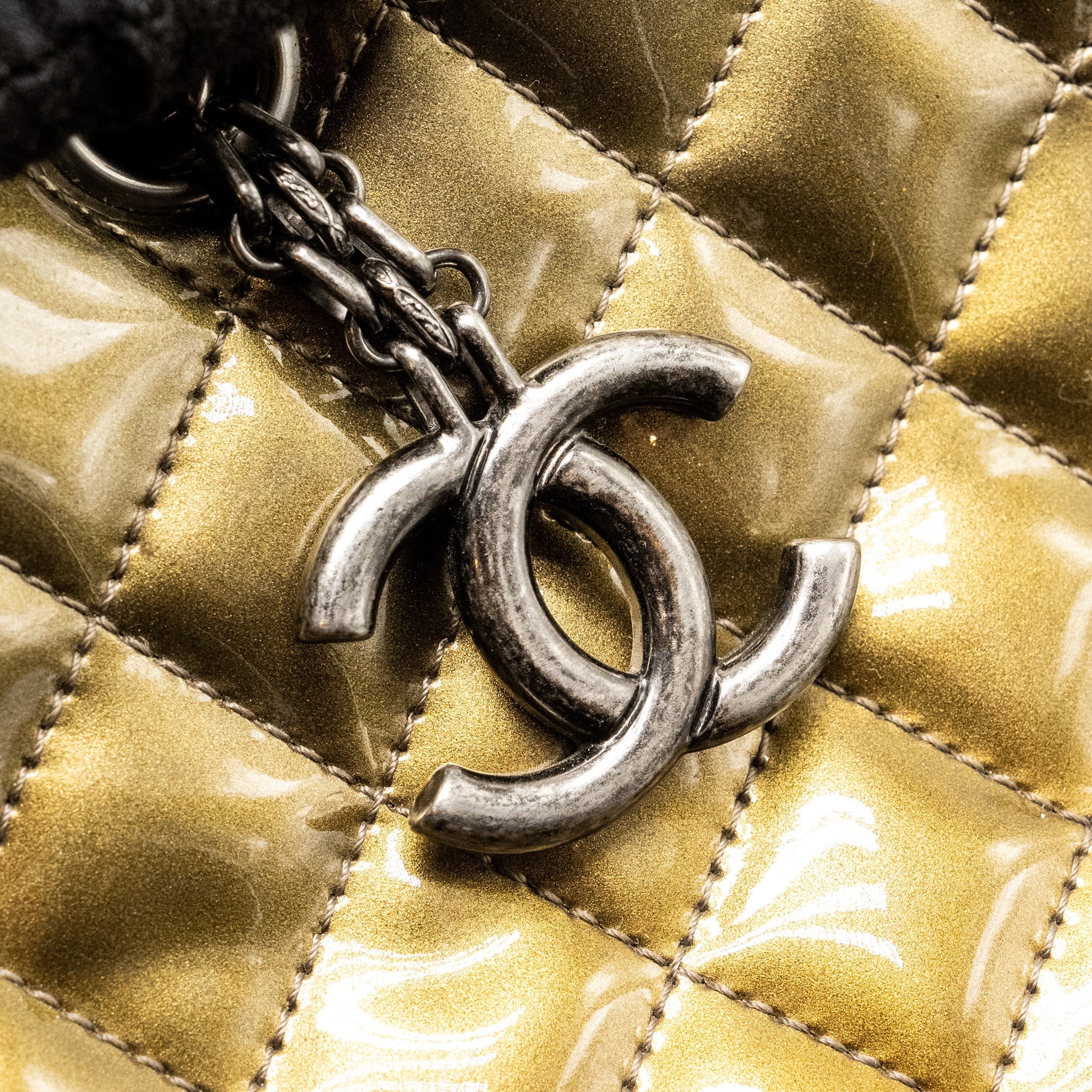 Chanel Just Mademoiselle Bowling Bag Patent Metallic Gold / Silver