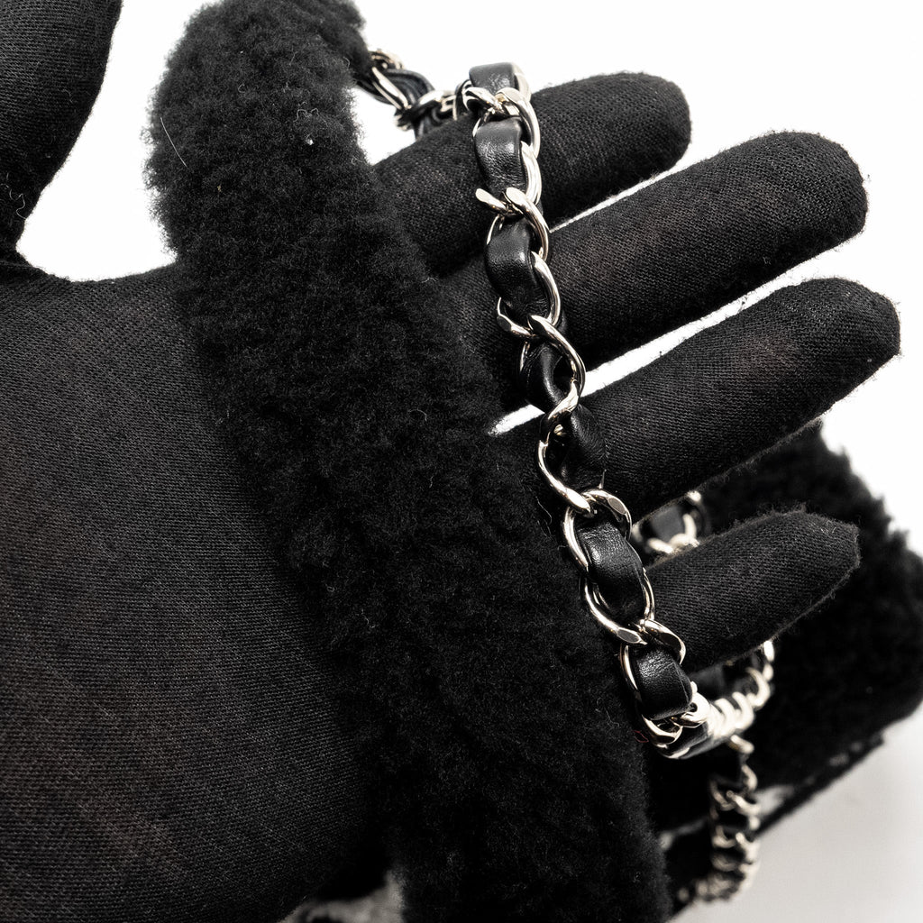 Chanel 22A Fluffy Camellia Flap Bag Embroidered Shearling Lambskin Black / White  (Microchip)