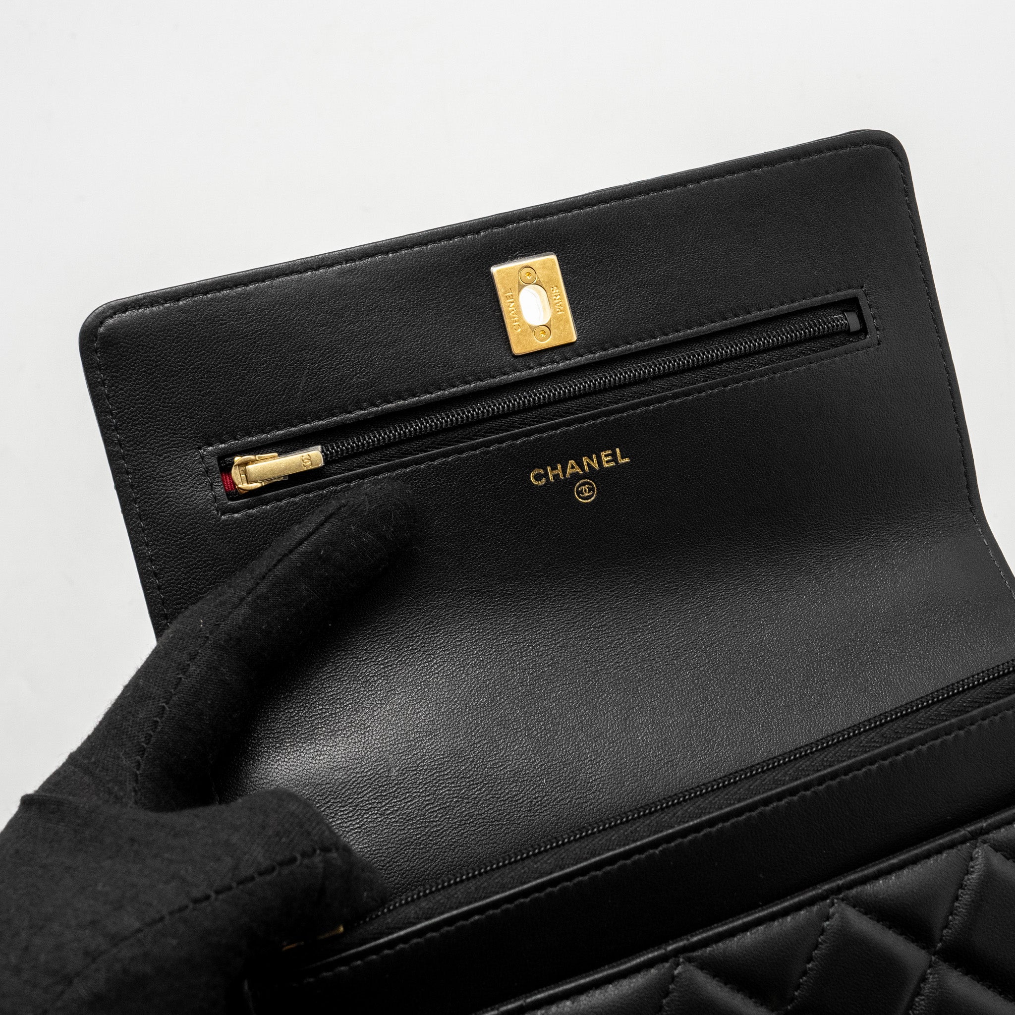 Chanel Classic Wallet on Chain With Camellia Adjustable Chain Lambskin Black  (Microchip)