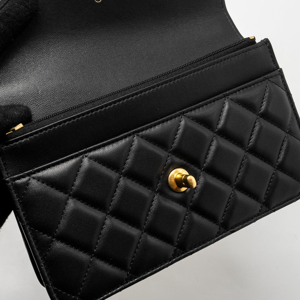 Chanel Classic Wallet on Chain With Camellia Adjustable Chain Lambskin Black  (Microchip)