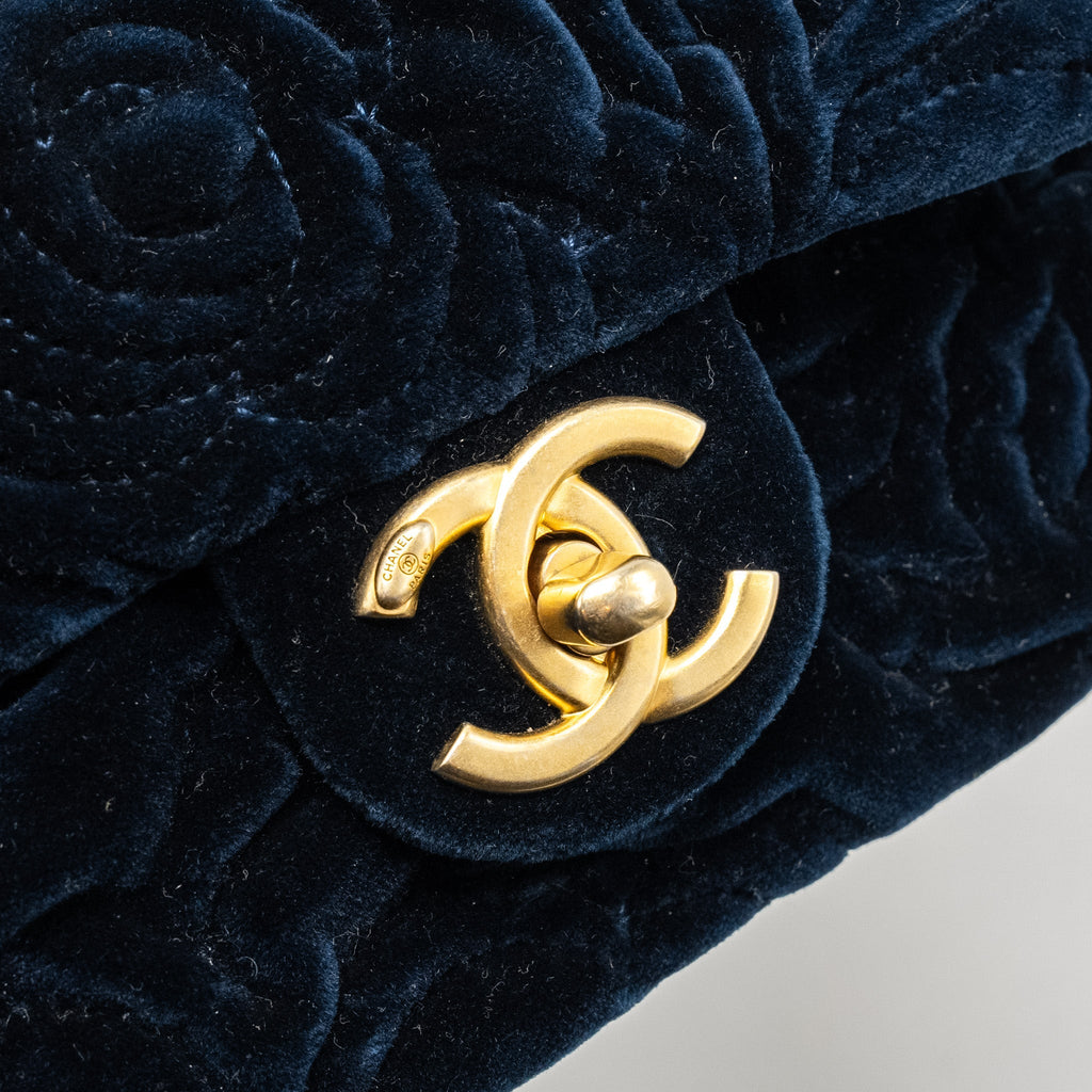 Chanel Camellia Embossed Mini Square Flap Bag Velvet Navy  (microchip)