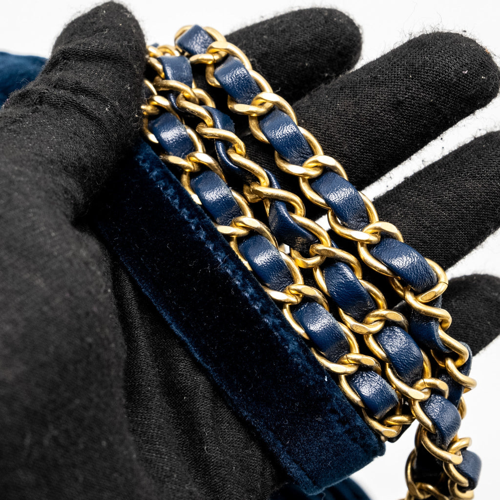 Chanel Camellia Embossed Mini Square Flap Bag Velvet Navy  (microchip)