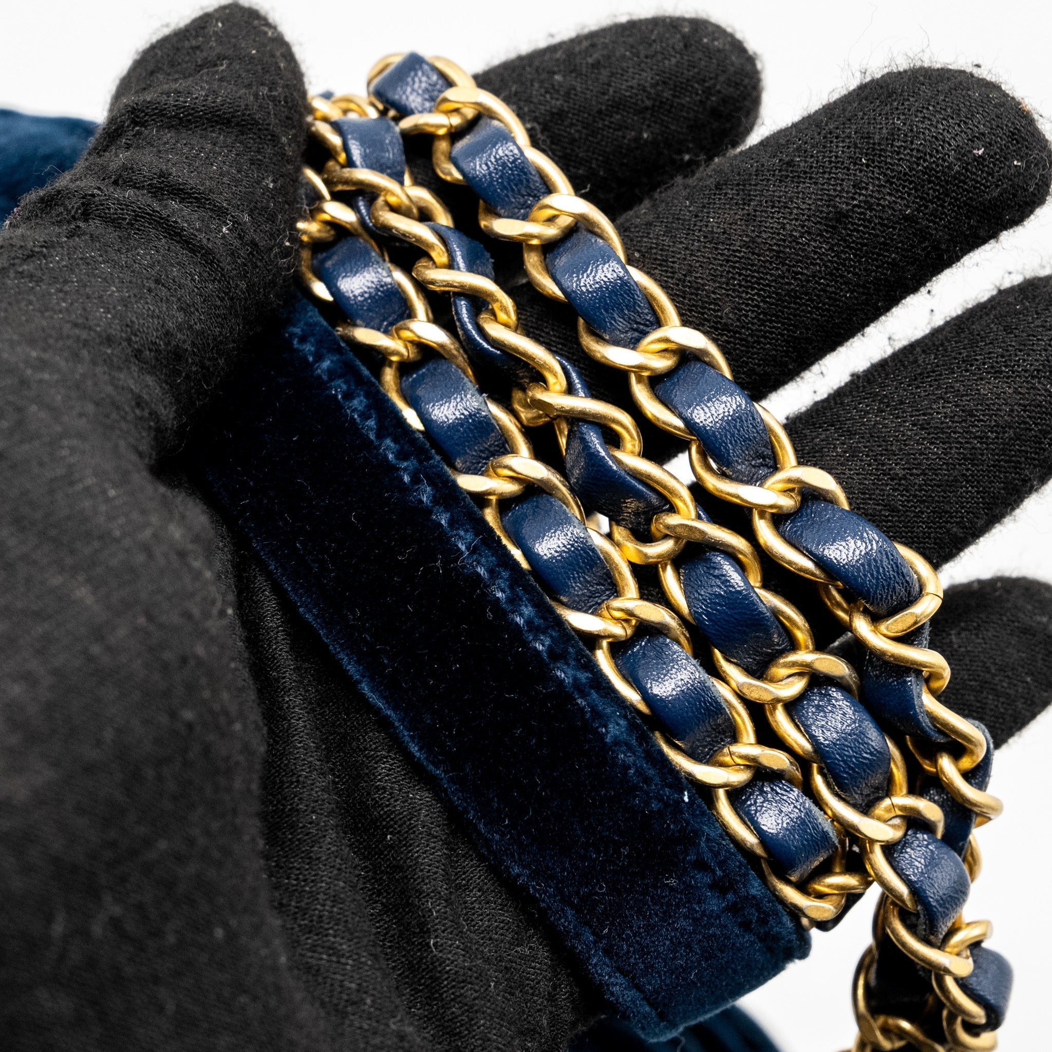 Chanel Camellia Embossed Mini Square Flap Bag Velvet Navy  (microchip)