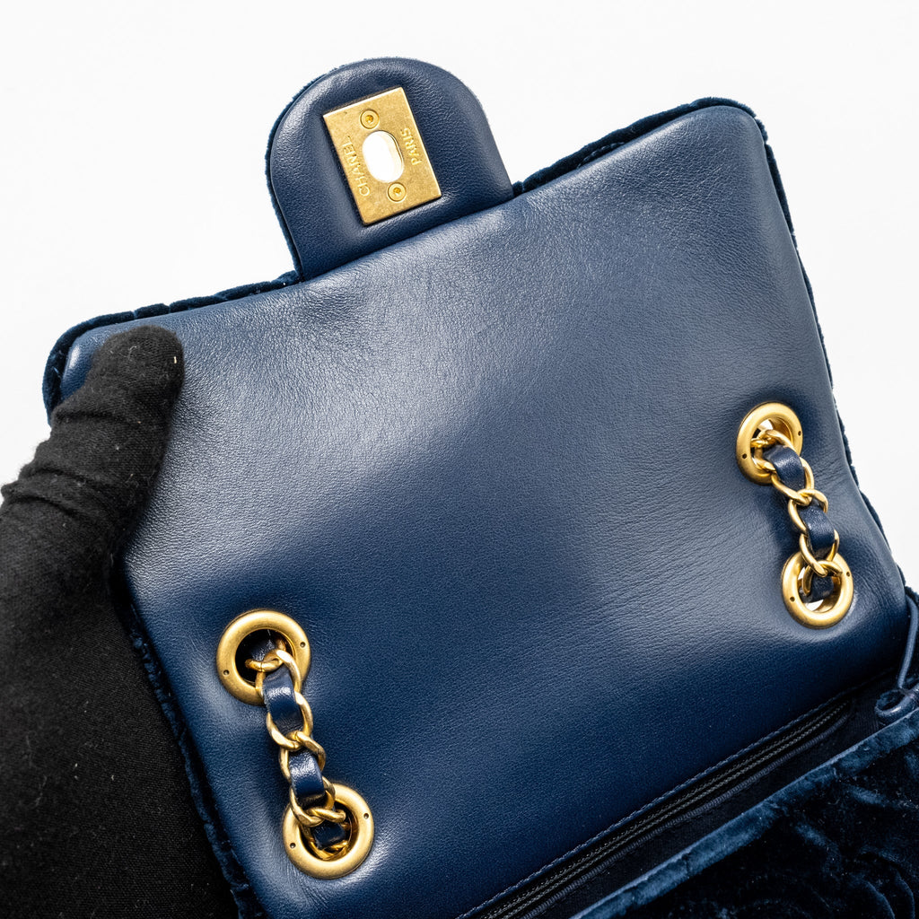 Chanel Camellia Embossed Mini Square Flap Bag Velvet Navy  (microchip)
