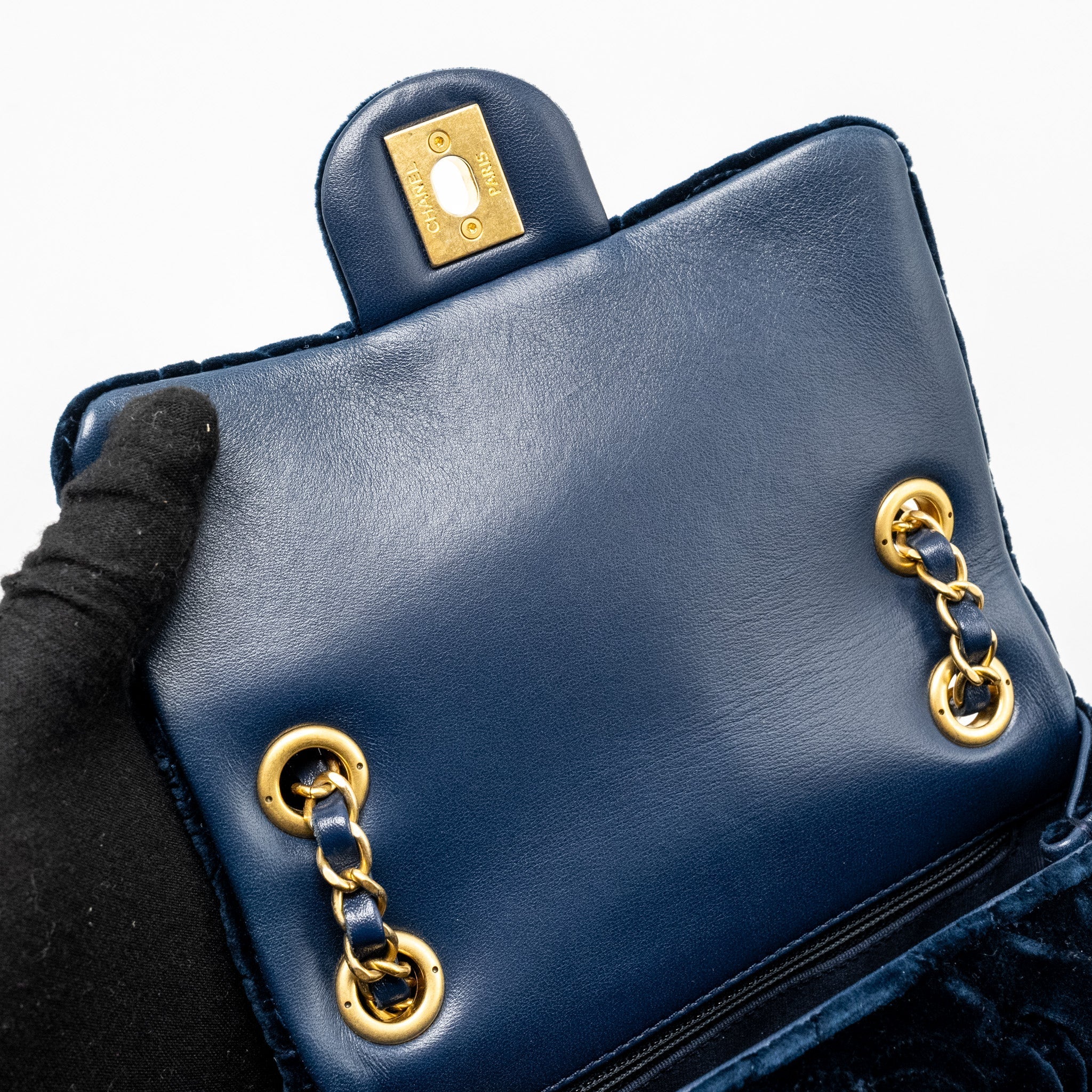 Chanel Camellia Embossed Mini Square Flap Bag Velvet Navy  (microchip)