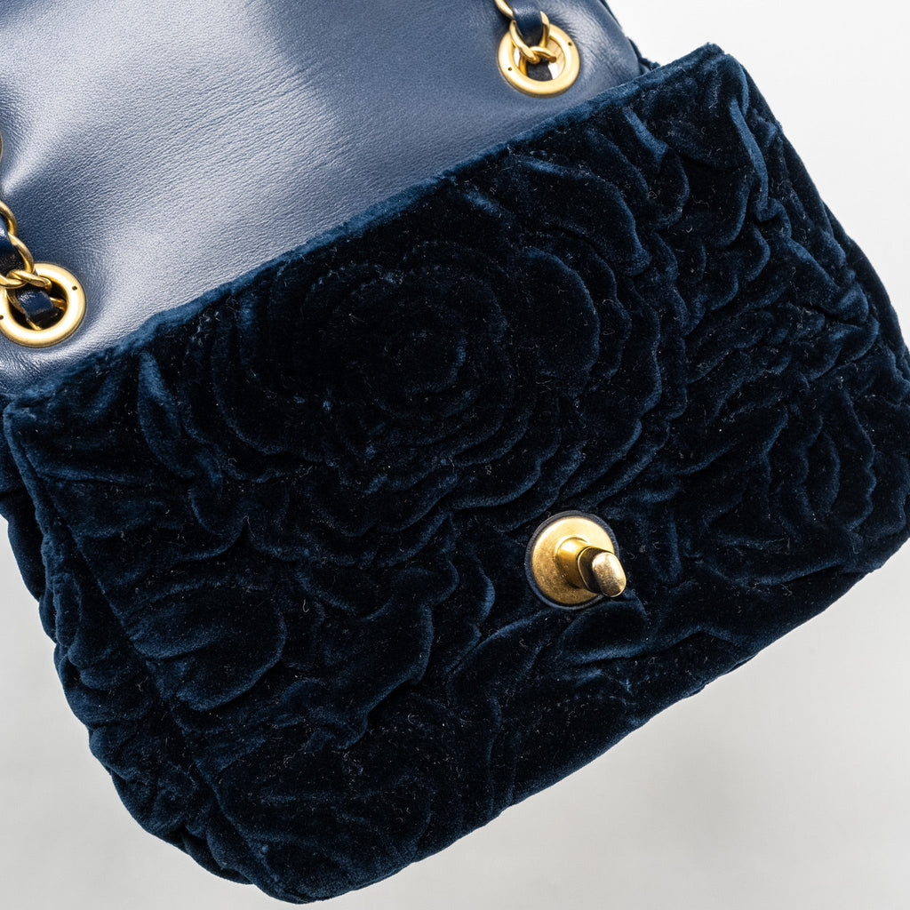 Chanel Camellia Embossed Mini Square Flap Bag Velvet Navy  (microchip)