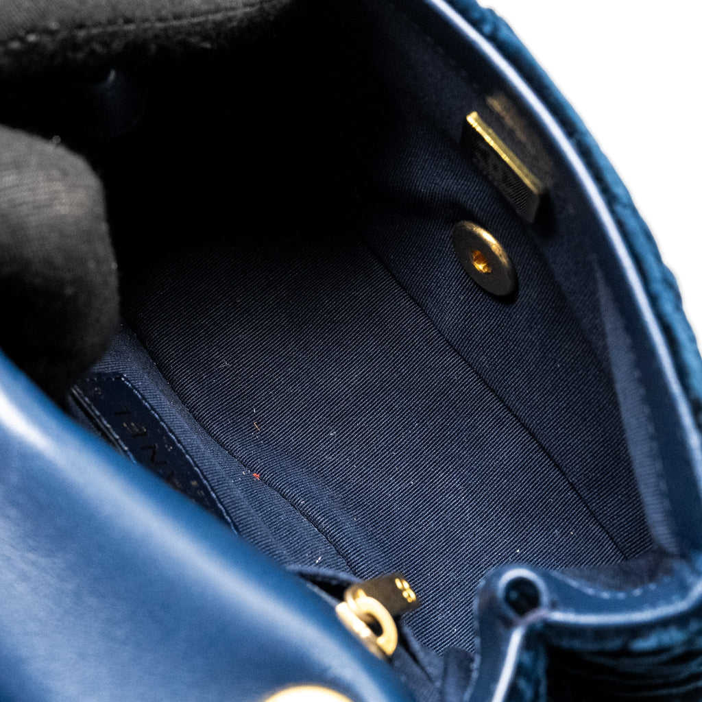 Chanel Camellia Embossed Mini Square Flap Bag Velvet Navy  (microchip)