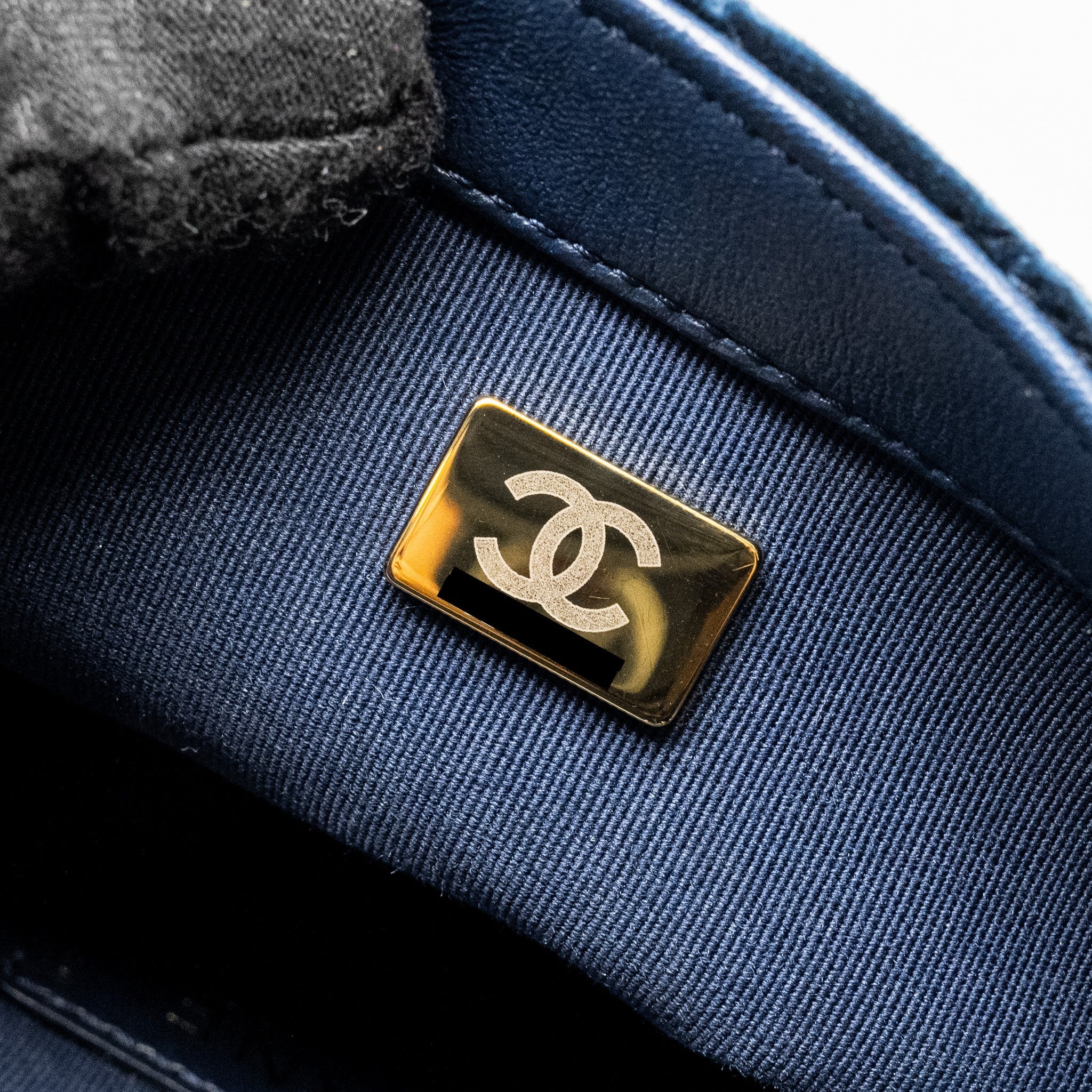 Chanel Camellia Embossed Mini Square Flap Bag Velvet Navy  (microchip)