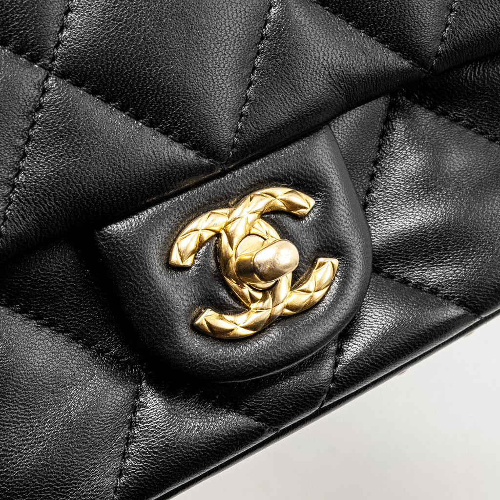Chanel Mini Coco CC Logo Quilted Flap Bag Lambskin Black  (Microchip)