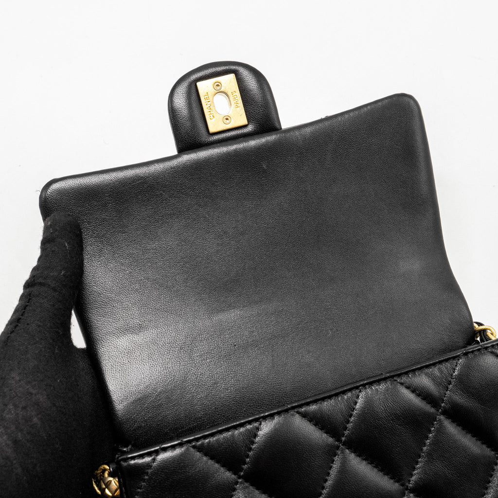 Chanel Mini Coco CC Logo Quilted Flap Bag Lambskin Black  (Microchip)