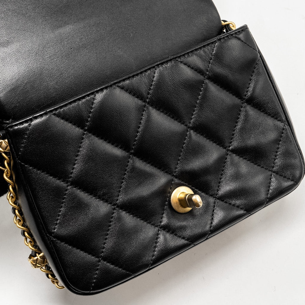Chanel Mini Coco CC Logo Quilted Flap Bag Lambskin Black  (Microchip)