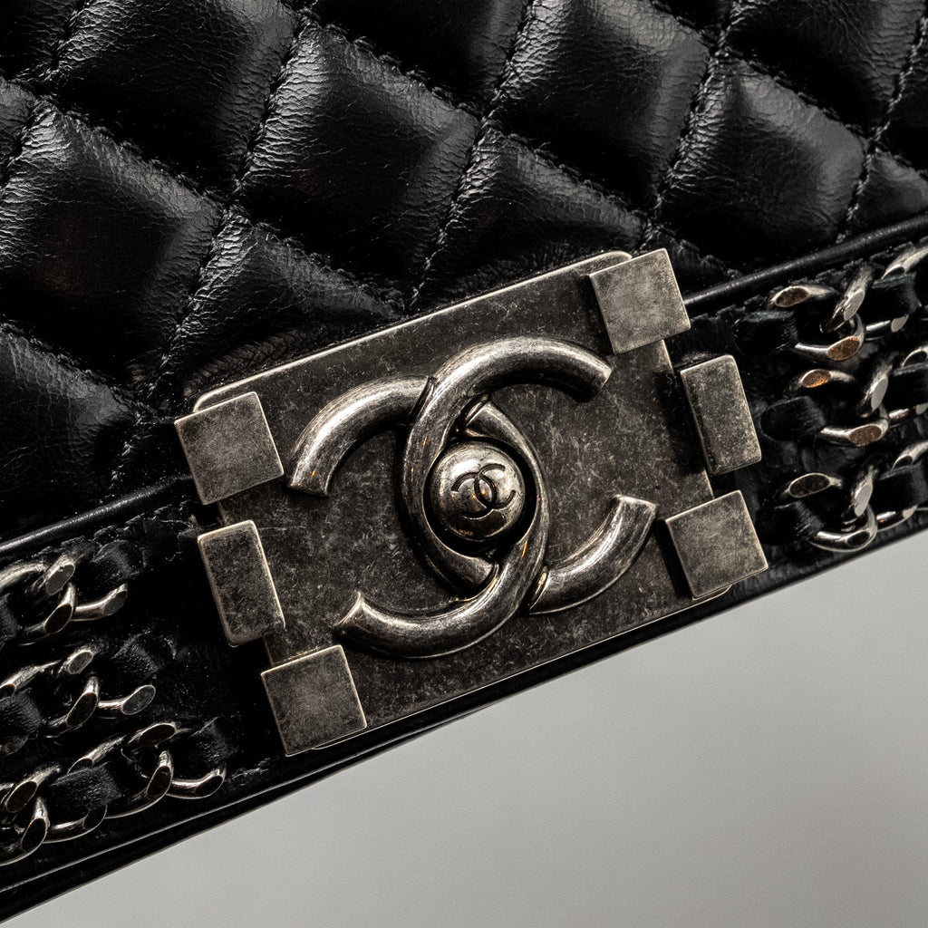 Chanel new medium chain edge boy bag calfskin black ruthenium