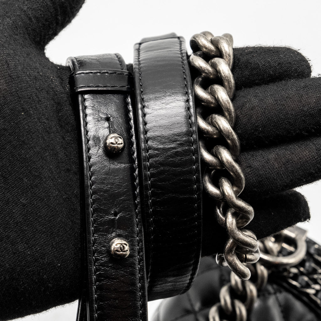 Chanel new medium chain edge boy bag calfskin black ruthenium