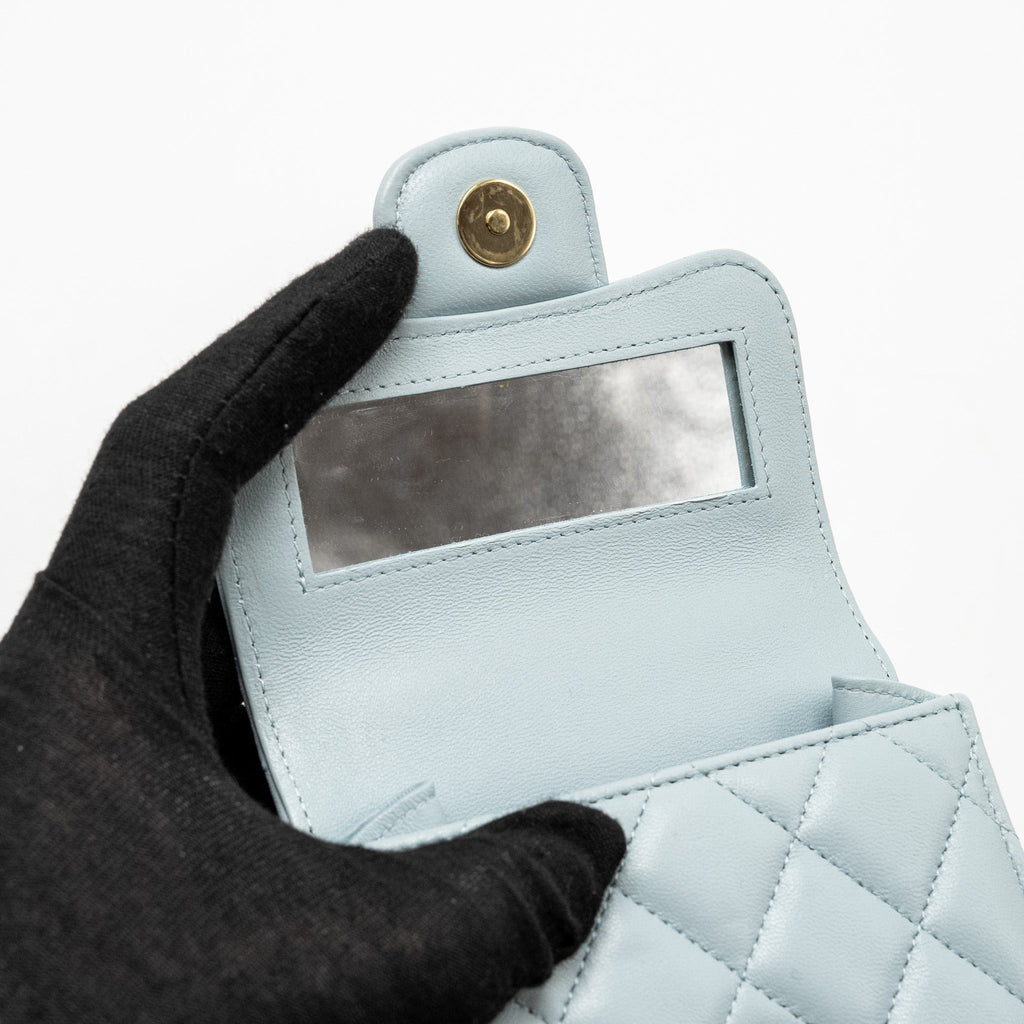 Chanel Top Handle Mini Flap Bag Lambskin Light Blue L