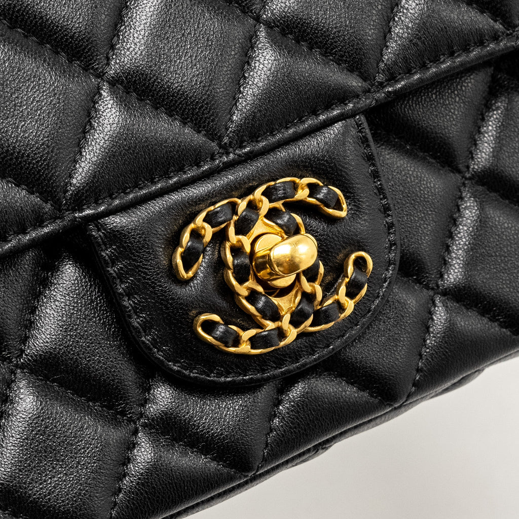 Chanel Detailed Top Handle Flap Bag Lambskin Black  (Microchip)