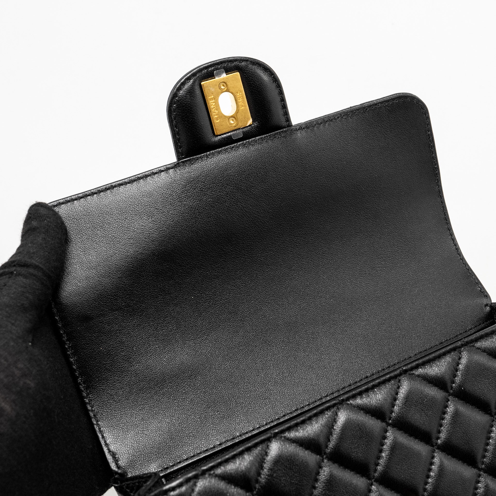 Chanel Detailed Top Handle Flap Bag Lambskin Black  (Microchip)