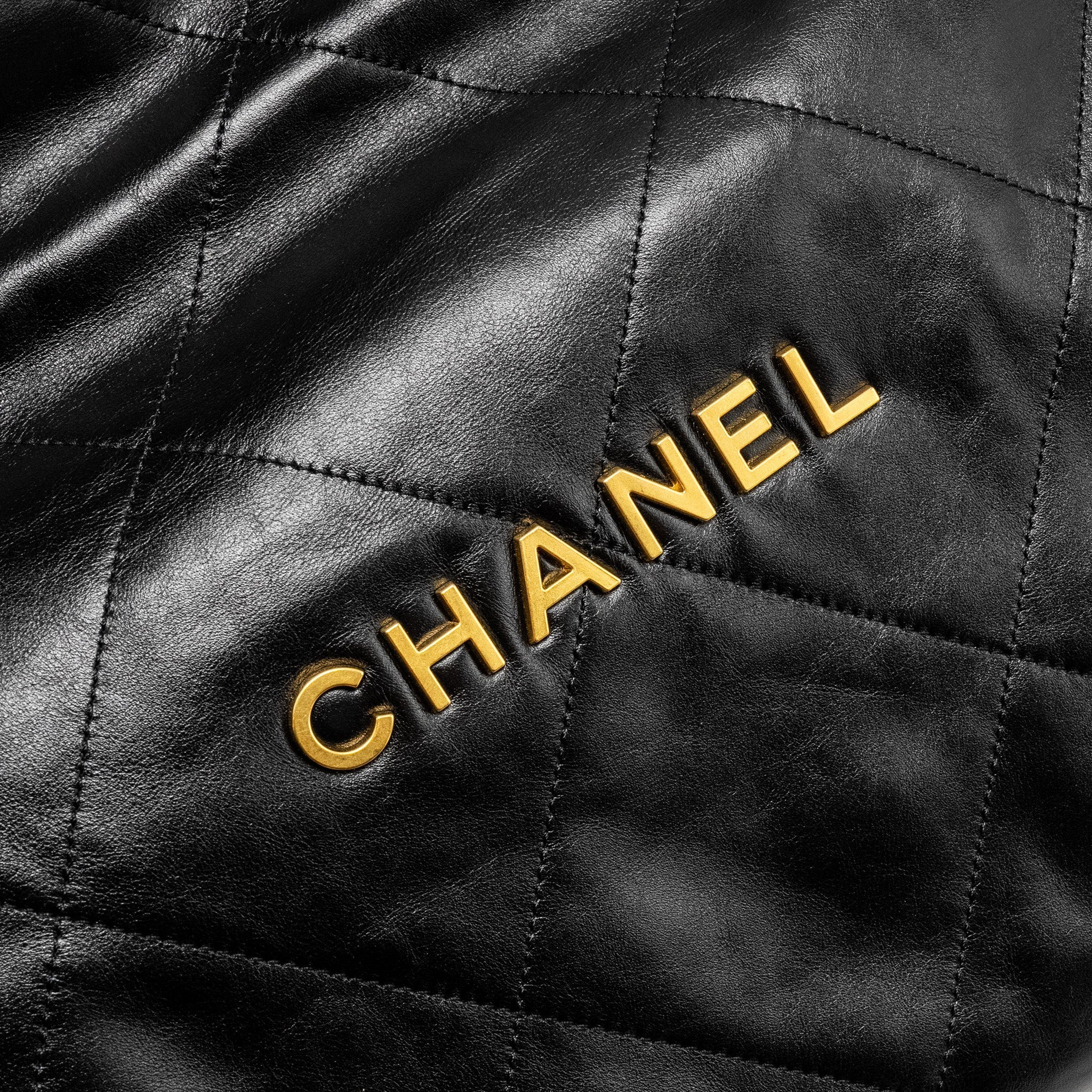 CHANEL Medium 22 Bag Gold Letter Shiny Calfskin Black  (Microchip)
